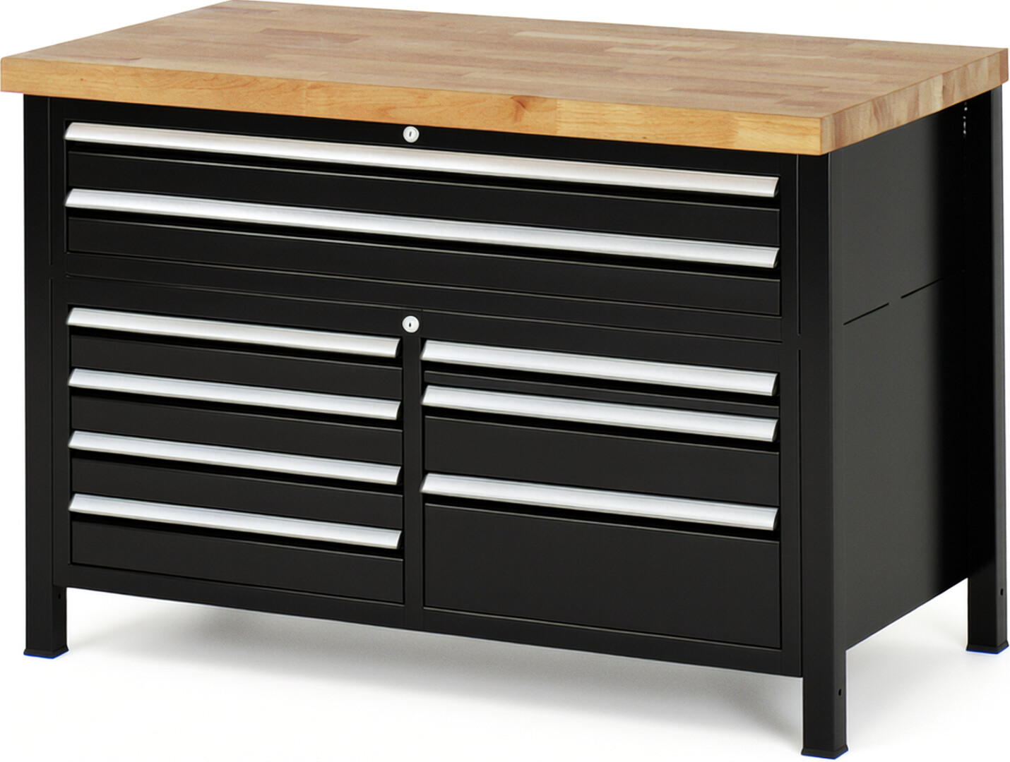 Werkbank Modell 8923 schwarz, BxTxH 1250x700x840 mm,  Buche-Massiv Arbeitsplatte 40 mm,  9 Schubladen mit  Vollauszug 100 % und  SoftClosing