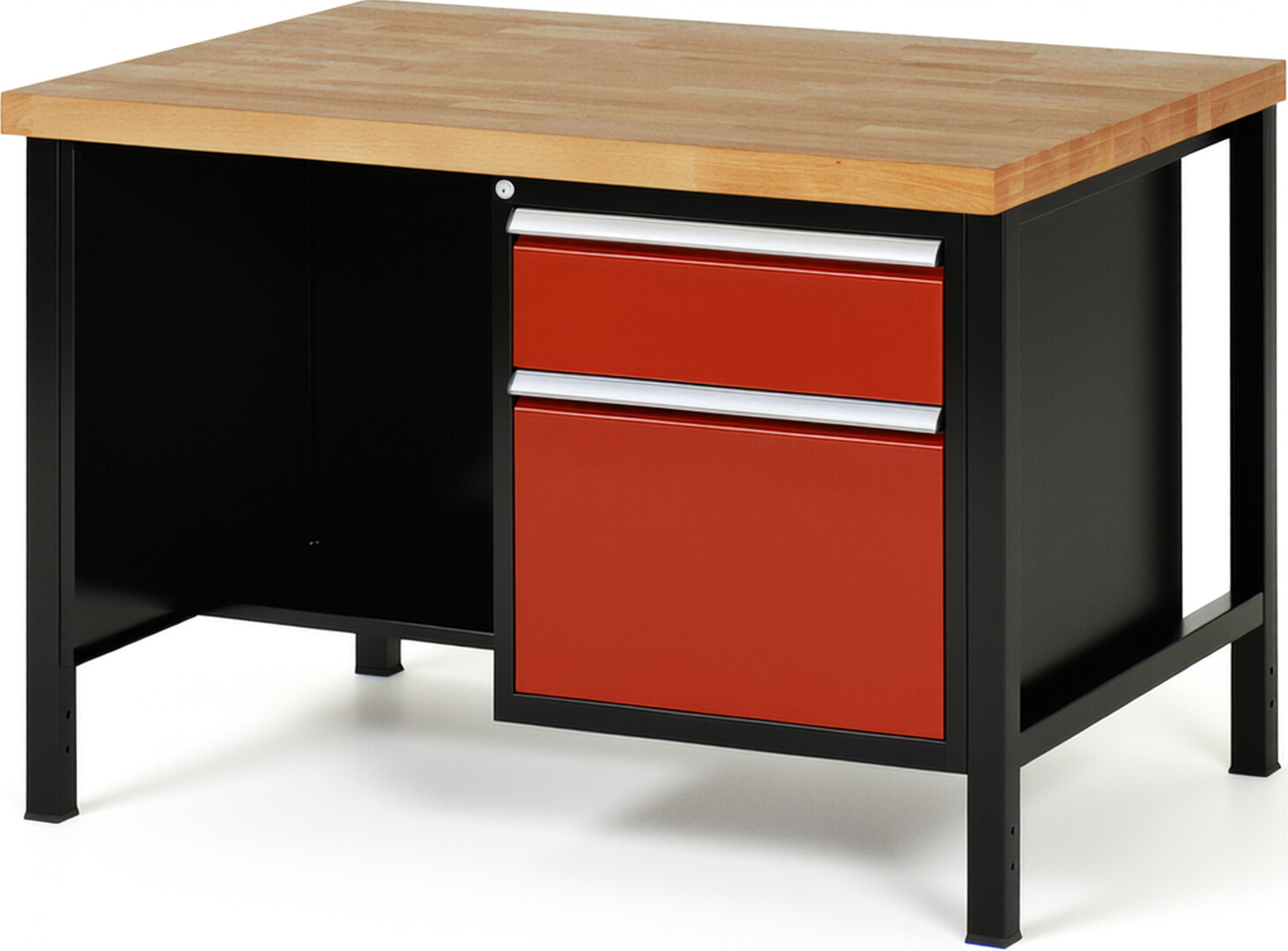 Werkbank Modell 8451 schwarz-rot, BxTxH 1250x900x840 mm,  Buche-Massiv Arbeitsplatte 40 mm,  2 Schubladen mit  Auszug 90 %