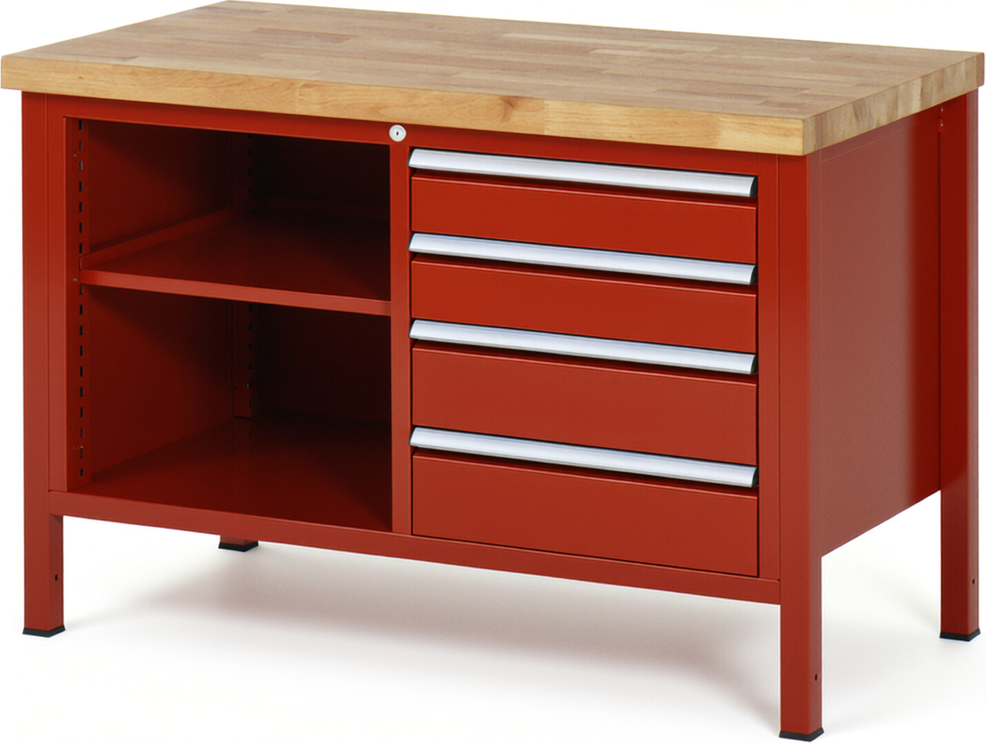 Werkbank Modell 8463 rot, BxTxH 1250x700x840-1040 mm,  Buche-Massiv Arbeitsplatte 40 mm,  4 Schubladen mit  Auszug 90 %