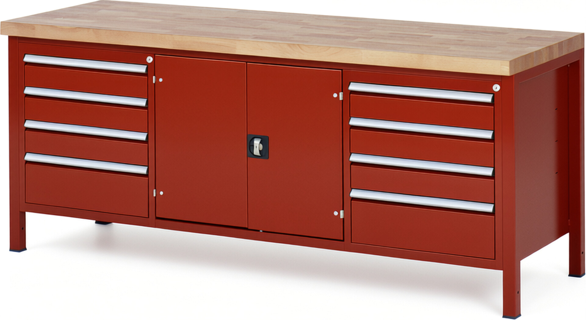 Werkbank Modell 8909 rot, BxTxH 2000x700x840-1040 mm,  Buche-Massiv Arbeitsplatte 40 mm,  8 Schubladen mit  Auszug 90 %