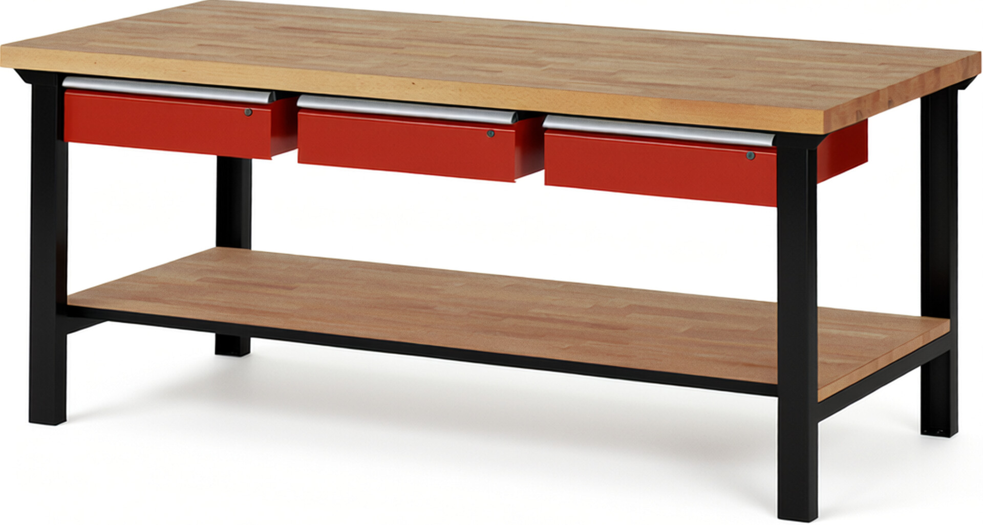 RAU Werkbank schwarz - rot - Breite 200 cm - Tiefe 90 cm - Höhe 84 cm - Buche-Massiv Arbeitsplatte 40 mm