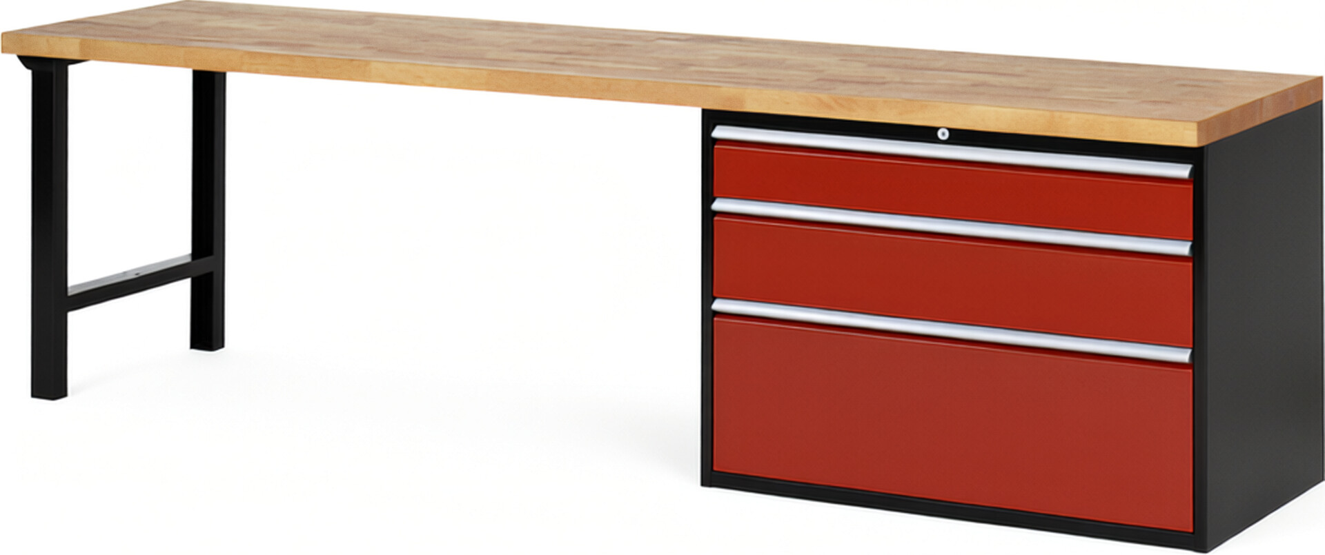 RAU Werkbank schwarz - rot - Breite 300 cm - Tiefe 70 cm - Höhe 89 cm - Buche-Massiv Arbeitsplatte 40 mm