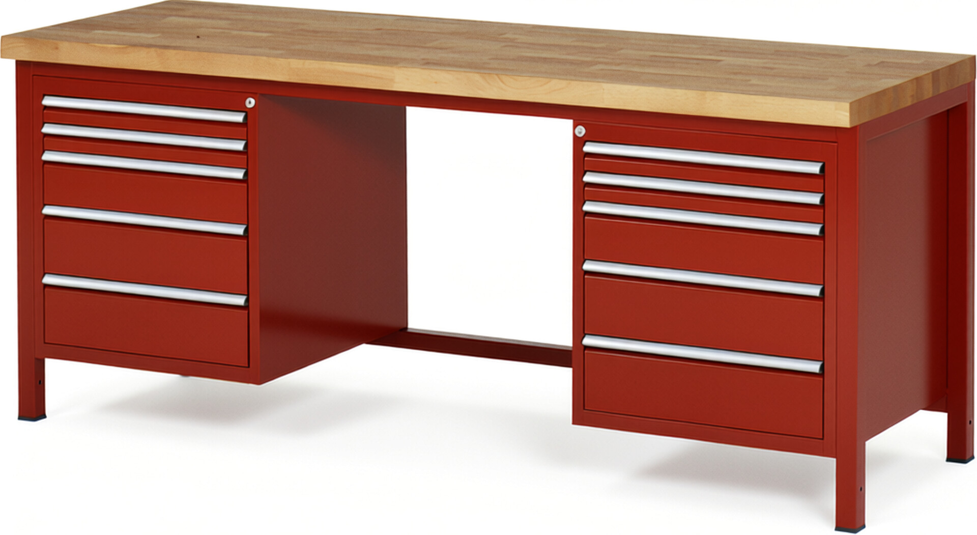 Werkbank Modell 8184 rot, BxTxH 2000x700x840-1040 mm,  Buche-Massiv Arbeitsplatte 40 mm,  10 Schubladen mit  Auszug 90 %