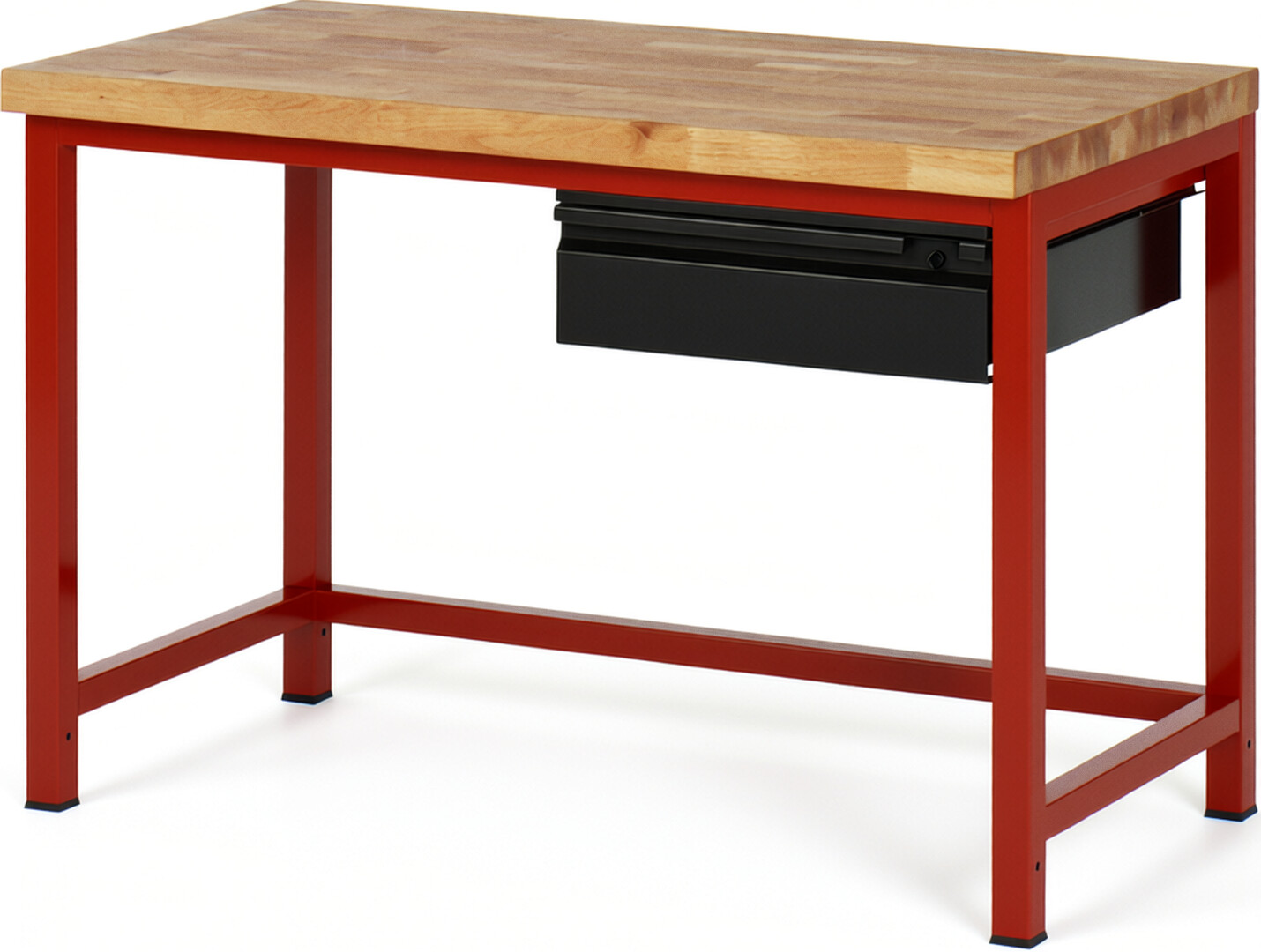 Werkbank rot - schwarz, BxTxH 1250x700x840-1040 mm, Platte Buche 40 mm, 1 Schublade 150 mm, RAL 3000/9011