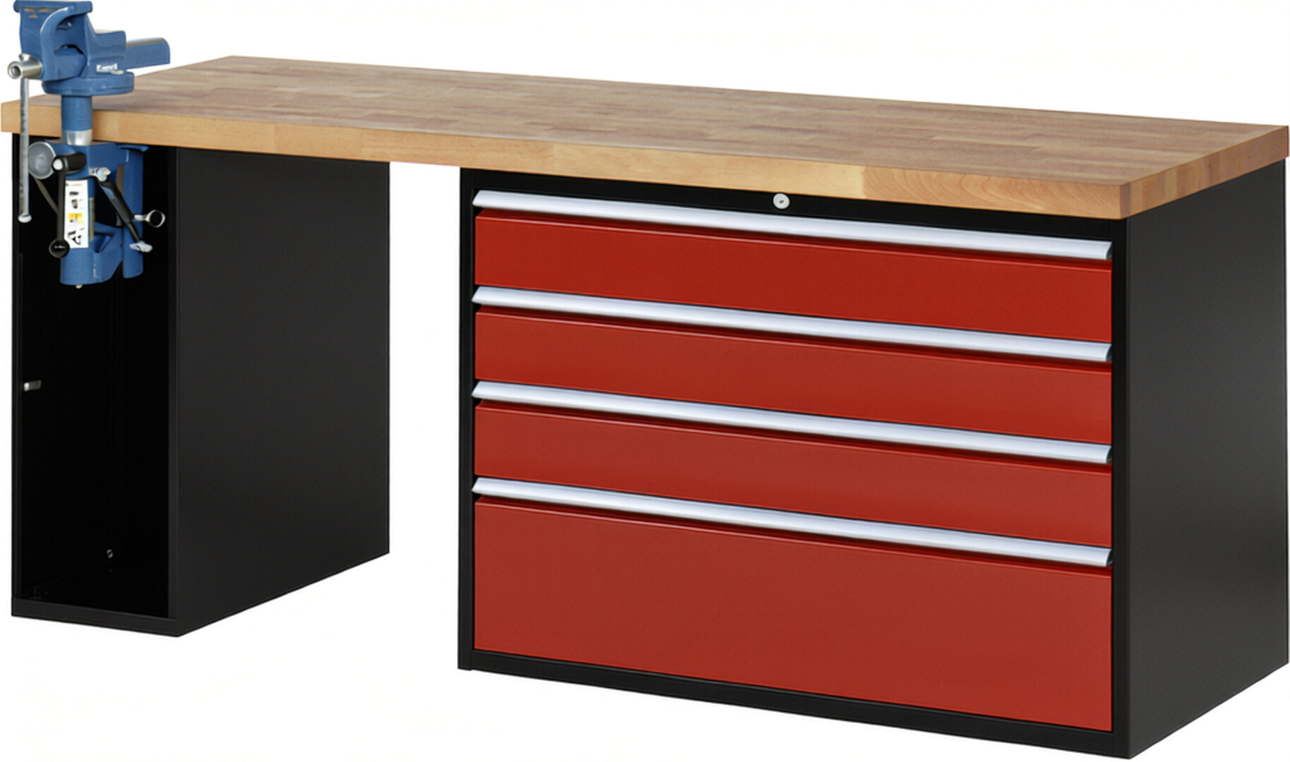 RAU Werkbank schwarz - rot - Breite 200 cm - Tiefe 70 cm - Höhe 84 cm - Buche-Massiv Arbeitsplatte 40 mm