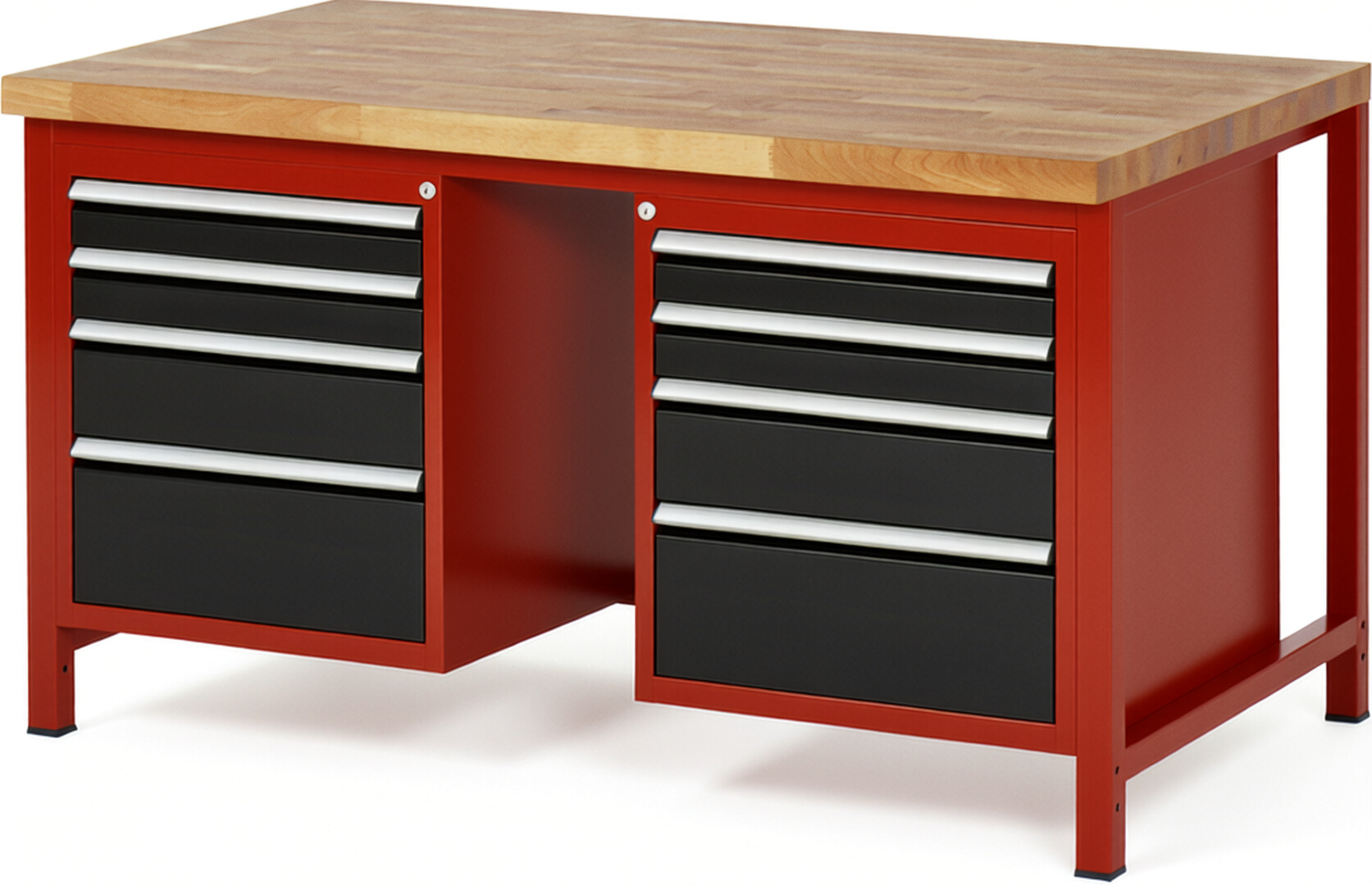 RAU Werkbank rot - schwarz - Breite 150 cm - Tiefe 90 cm - Höhe 104 cm - Buche-Massiv Arbeitsplatte 40 mm