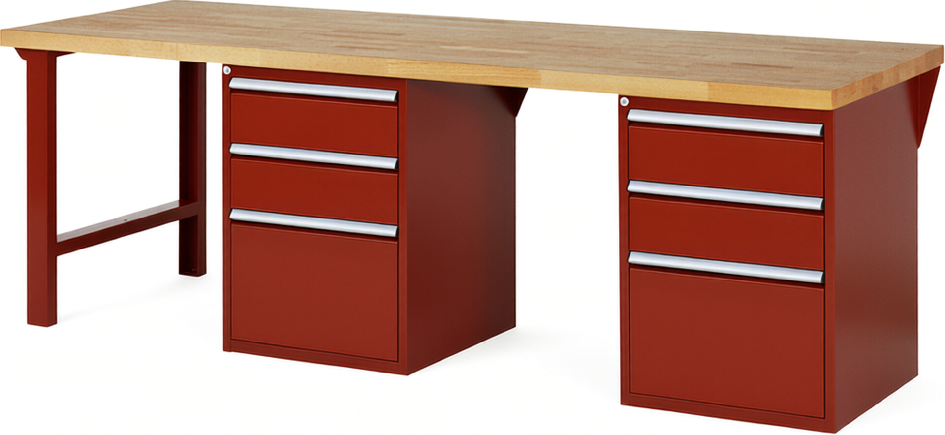 Werkbank Modell 7507 rot, BxTxH 2500x900x890 mm,  Buche-Massiv Arbeitsplatte 40 mm,  6 Schubladen mit  Vollauszug 100 % und  SoftClosing