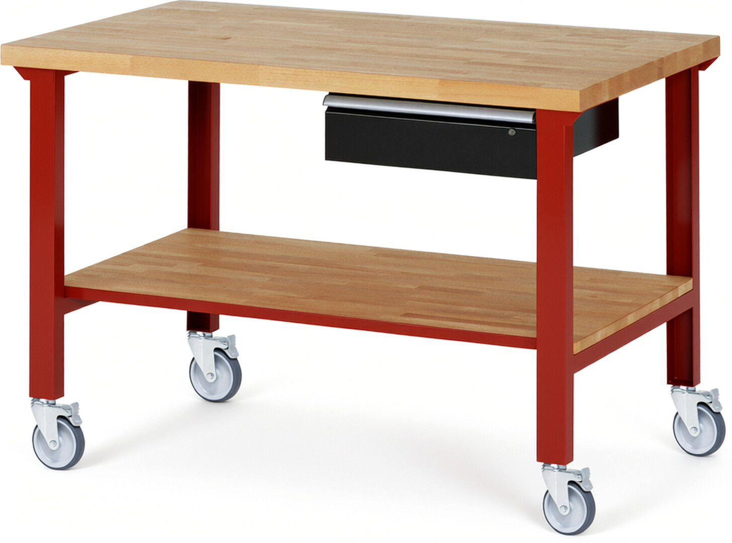 RAU Werkbank rot - schwarz - Breite 150 cm - Tiefe 90 cm - Höhe 100 cm - Buche-Massiv Arbeitsplatte 40 mm