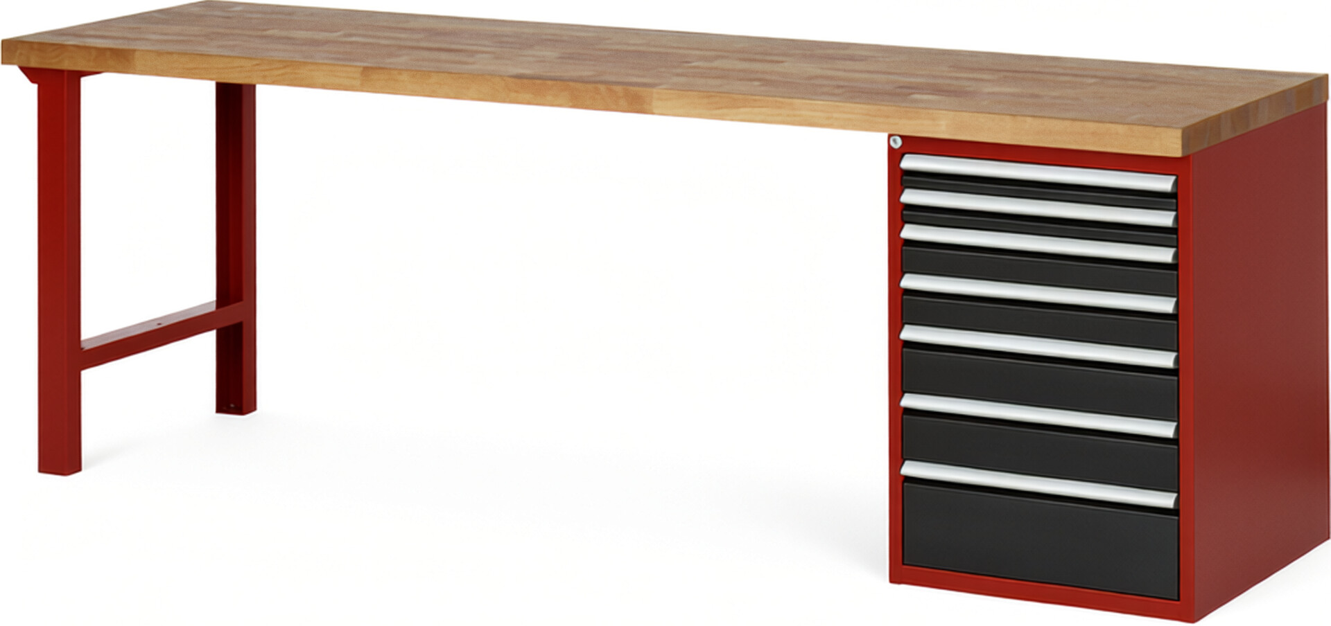 Werkbank Modell 7517 rot - schwarz, BxTxH 2500x700x890 mm,  Buche-Massiv Arbeitsplatte 40 mm,  7 Schubladen mit  Auszug 90 %