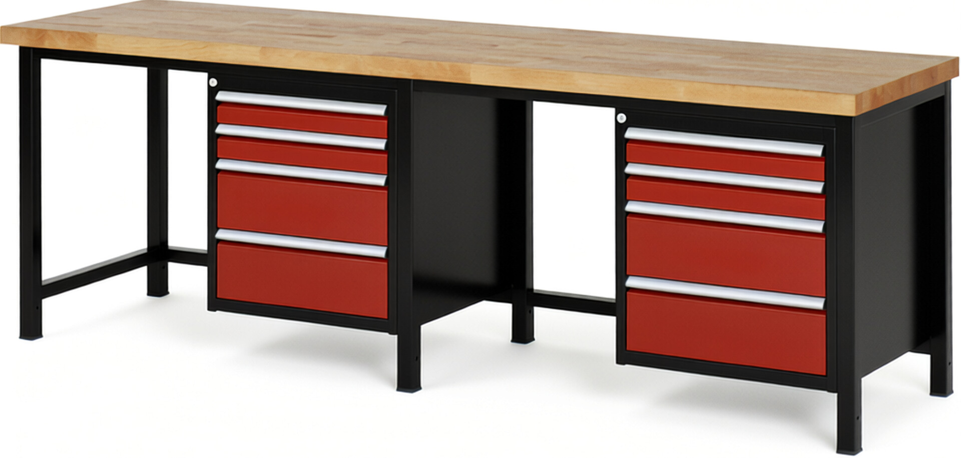 RAU Werkbank schwarz - rot - Breite 250 cm - Tiefe 70 cm - Höhe 104 cm - Buche-Massiv Arbeitsplatte 40 mm