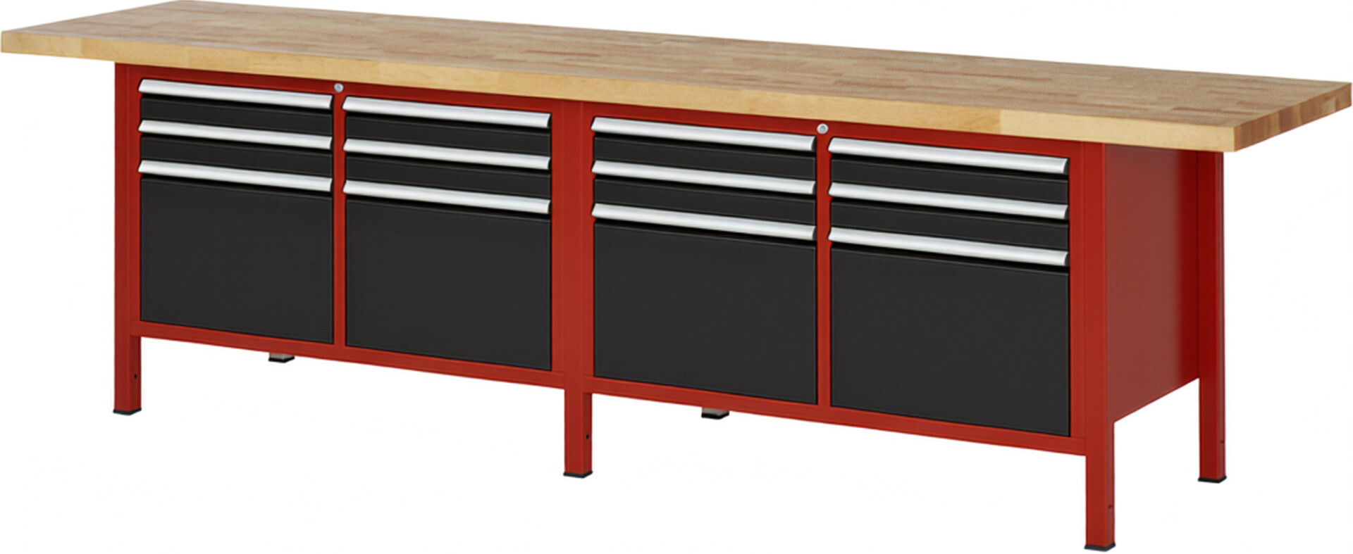 Werkbank Modell 8474 rot - schwarz, BxTxH 3000x700x840-1040 mm,  Buche-Massiv Arbeitsplatte 40 mm,  12 Schubladen mit  Vollauszug 100 % und  SoftClosing