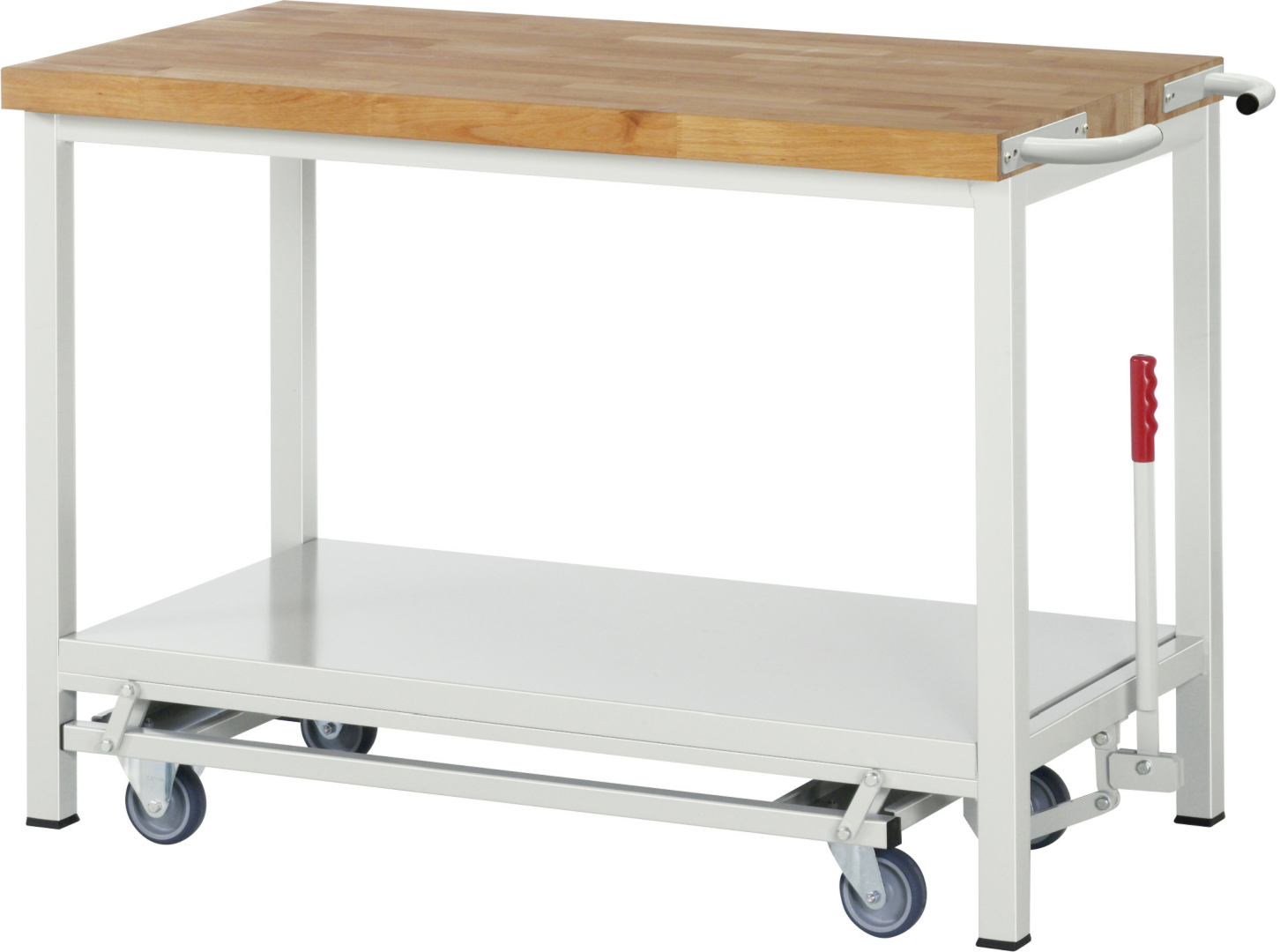 Absenkbare Werkbank Modell 8257 rot, BxTxH 1500x700x880 mm,  Buche-Massiv Arbeitsplatte 40 mm,  3 Schubladen mit  Vollauszug 100 % und  SoftClosing