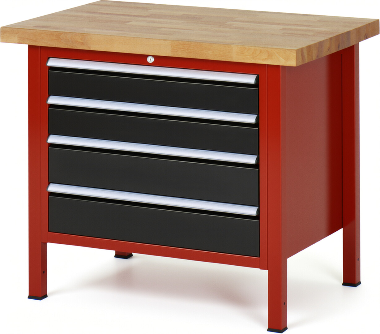 Werkbank Modell 8262 rot - schwarz, BxTxH 1000x700x840 mm,  Buche-Massiv Arbeitsplatte 40 mm,  4 Schubladen mit  Vollauszug 100 % und  SoftClosing