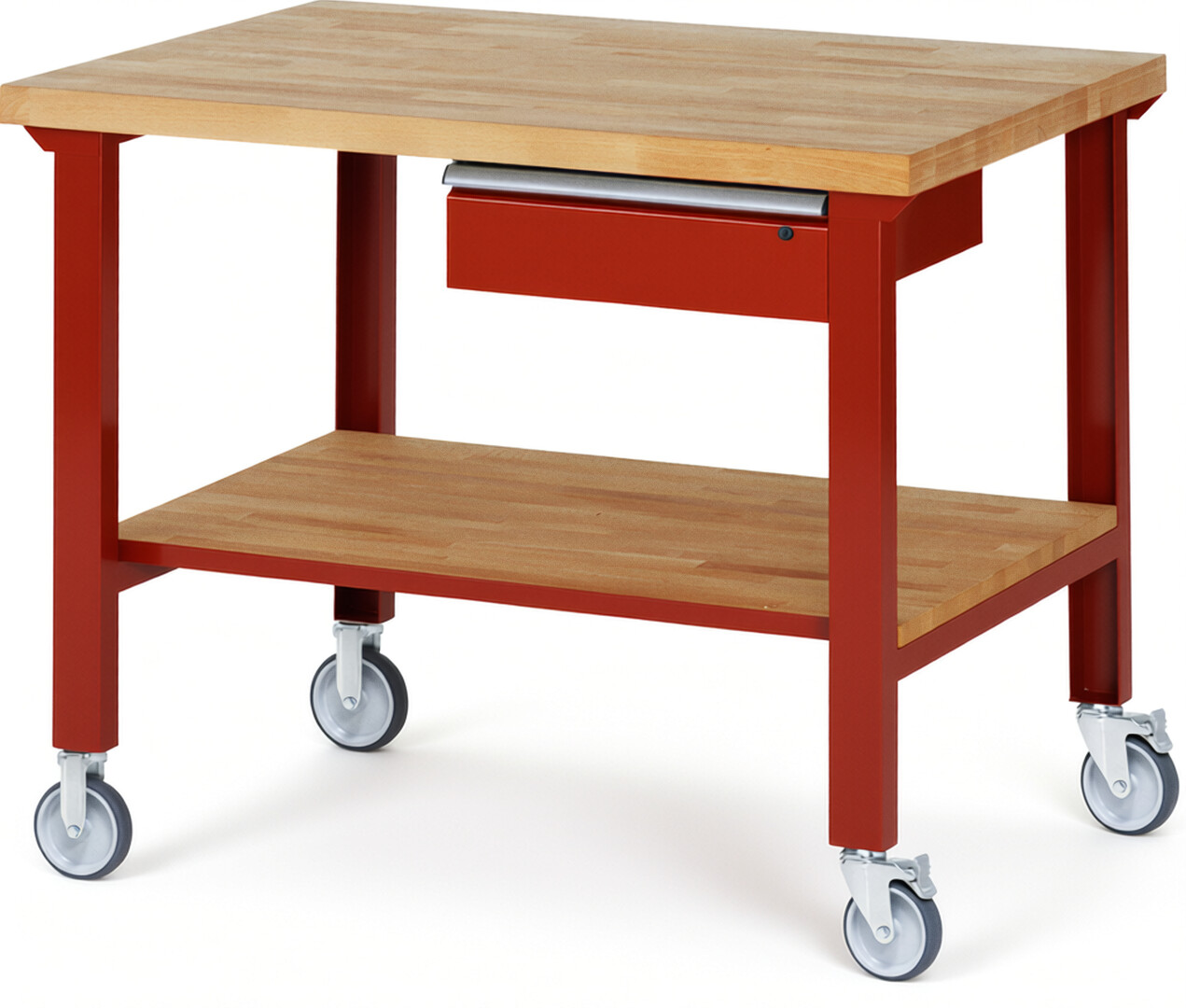 Fahrbare Werkbank Modell 7001 rot, BxTxH 1250x900x1000 mm,  Buche-Massiv Arbeitsplatte 40 mm,  1 Schublade mit  Auszug 90 %