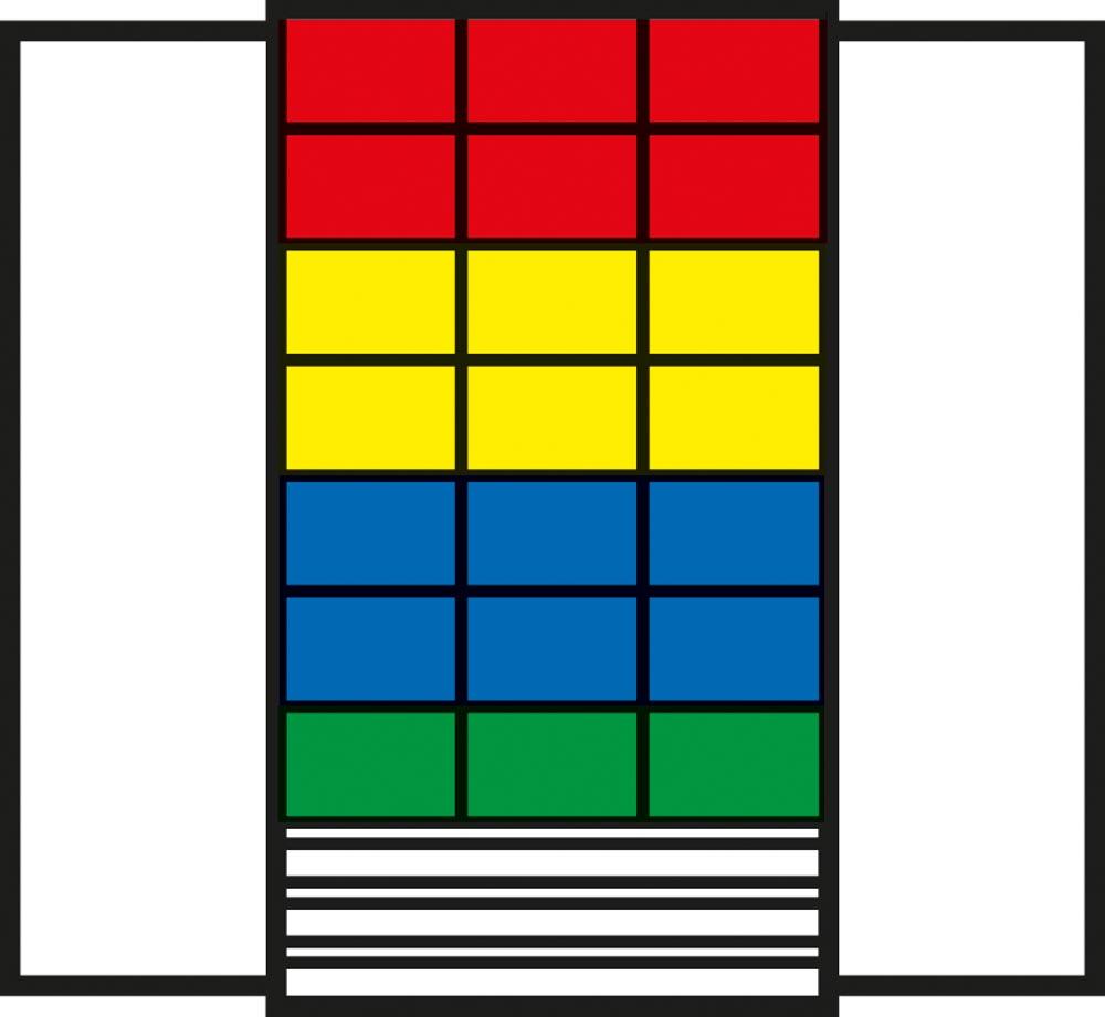 Großraumschrank, BxTxH 1100x530x1950 mm, 3 Schubladen, Kästen: 6xGr. 2z rot, 6xGr. 2z gelb, 6xGr. 2 blau, 3xGr. 2 grün, RAL 6011 resedagrün