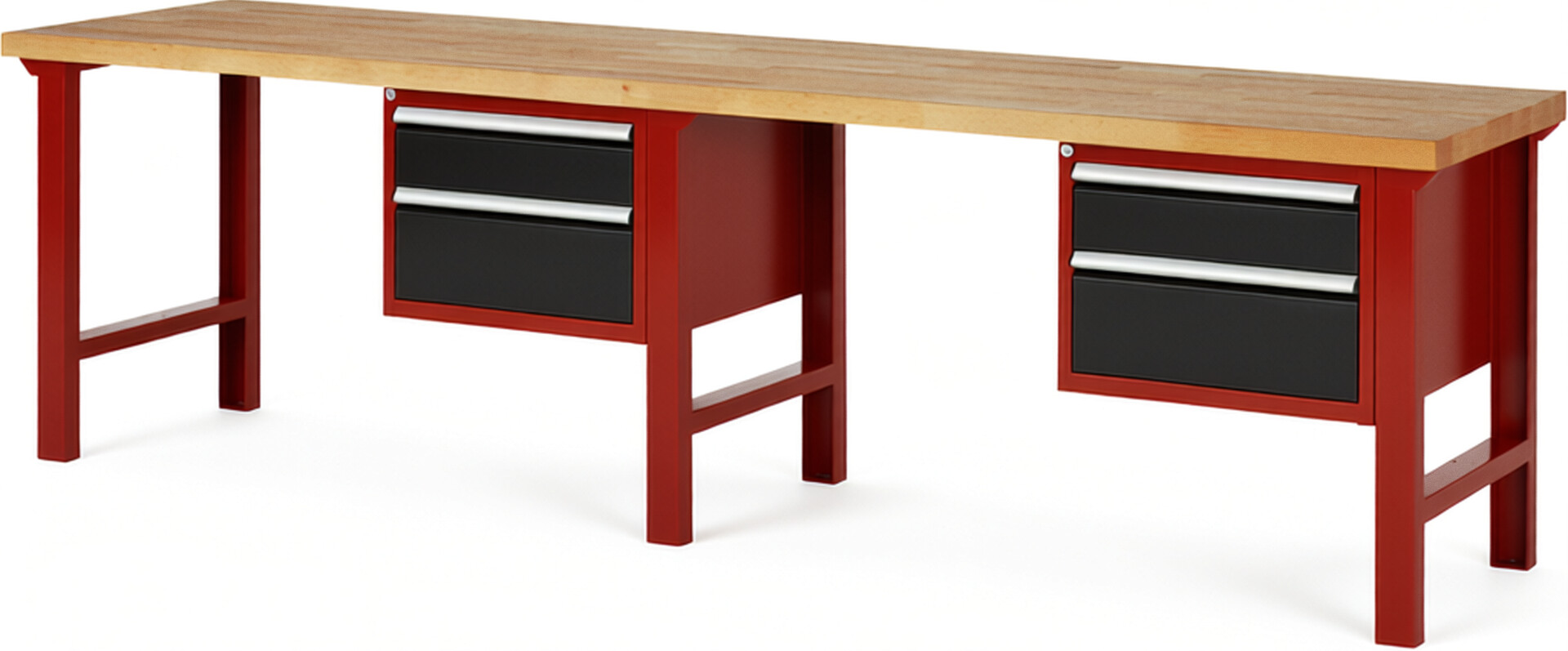 Werkbank Modell 7123 rot - schwarz, BxTxH 3000x700x840 mm,  Buche-Massiv Arbeitsplatte 40 mm,  4 Schubladen mit  Auszug 90 %