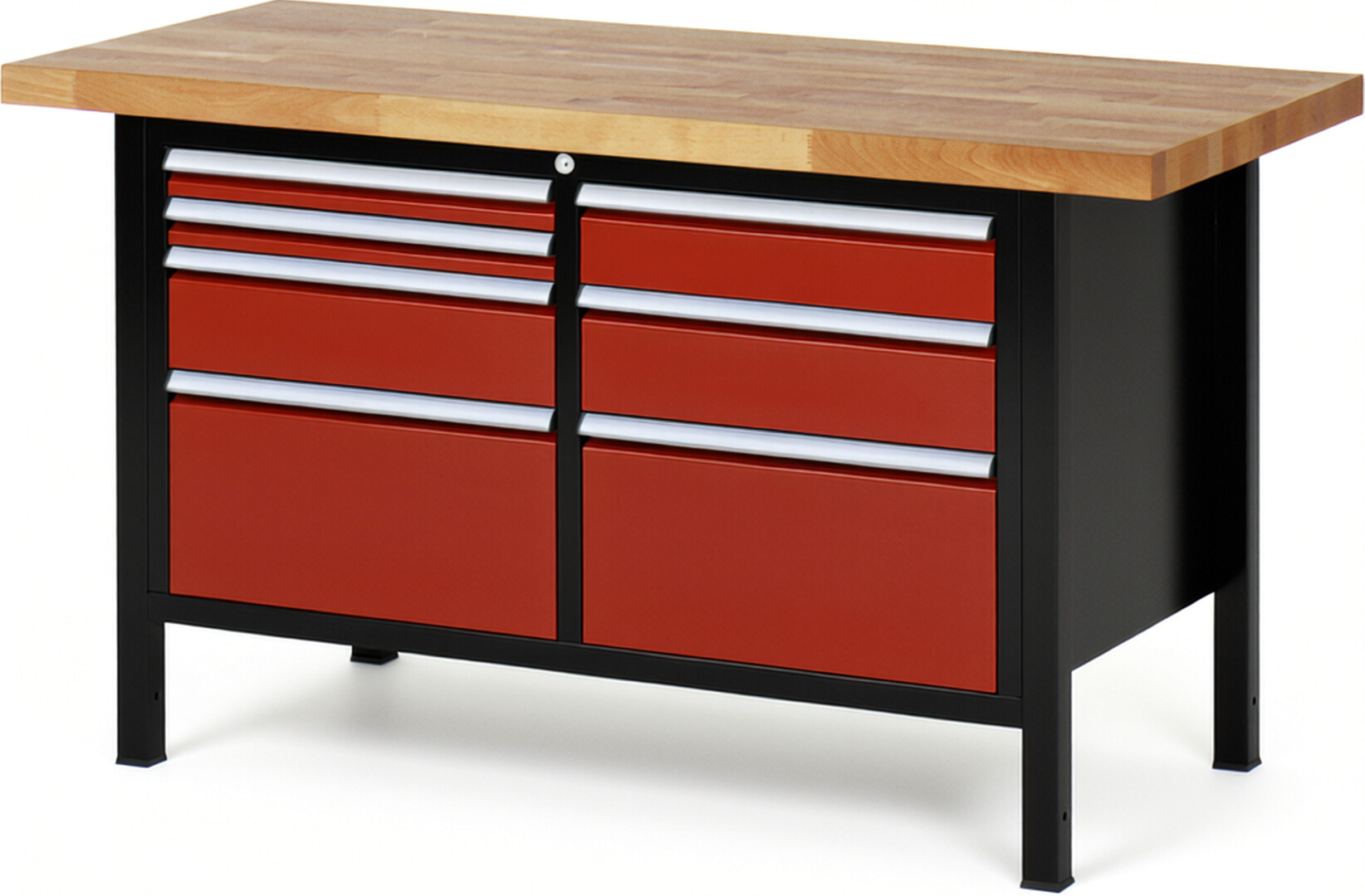 RAU Werkbank schwarz - rot - Breite 150 cm - Tiefe 70 cm - Höhe 84 cm - Buche-Massiv Arbeitsplatte 40 mm