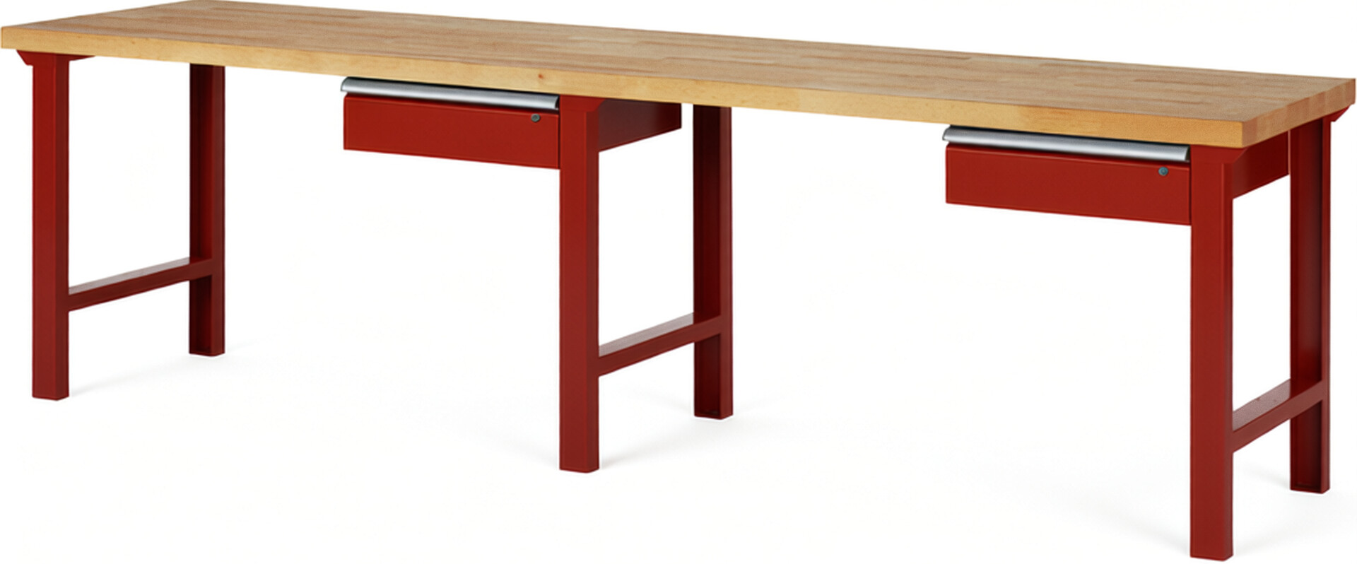 Werkbank Modell 7001 rot, BxTxH 3000x700x840 mm,  Buche-Massiv Arbeitsplatte 40 mm,  2 Schubladen mit  Auszug 90 %