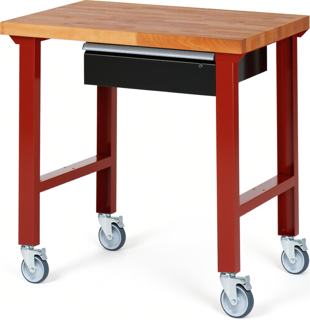 Fahrbare Werkbank Modell 7001 rot - schwarz, BxTxH 1000x700x1000 mm,  Buche-Massiv Arbeitsplatte 40 mm,  1 Schublade mit  Auszug 90 %