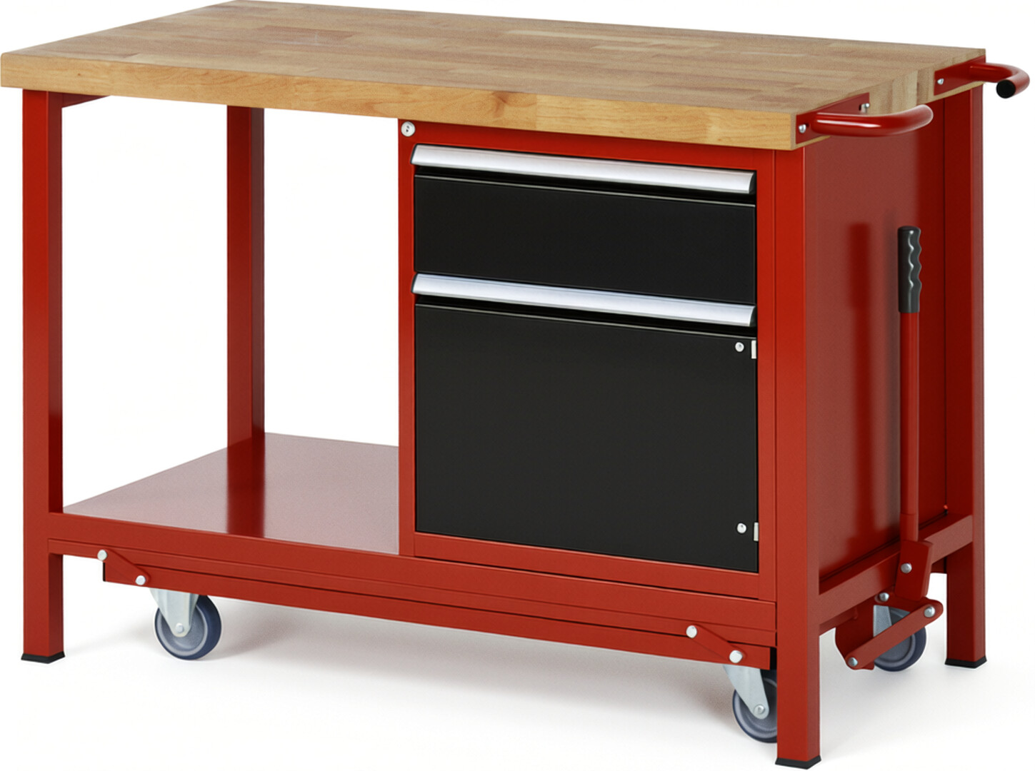Absenkbare Werkbank Modell 8152 rot - schwarz, BxTxH 1250x700x880 mm,  Buche-Massiv Arbeitsplatte 40 mm,  1 Schublade mit  Vollauszug 100 % und  SoftClosing