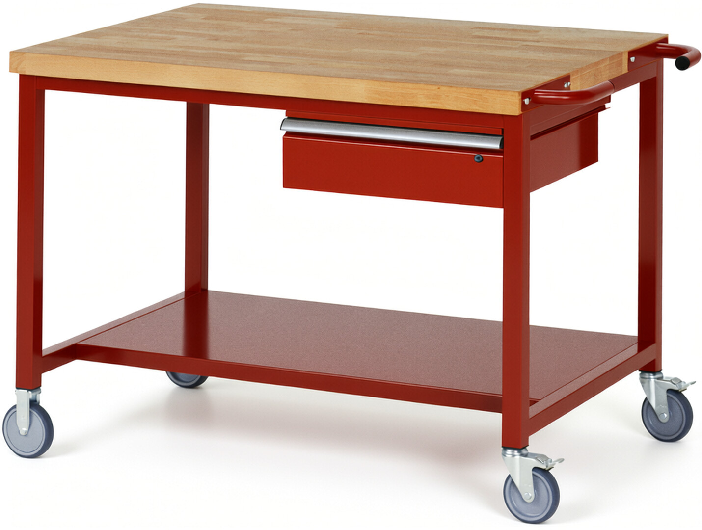 Fahrbare Werkbank Modell 8001 rot, BxTxH 1250x900x880 mm,  Buche-Massiv Arbeitsplatte 40 mm,  1 Schublade mit  Auszug 90 %