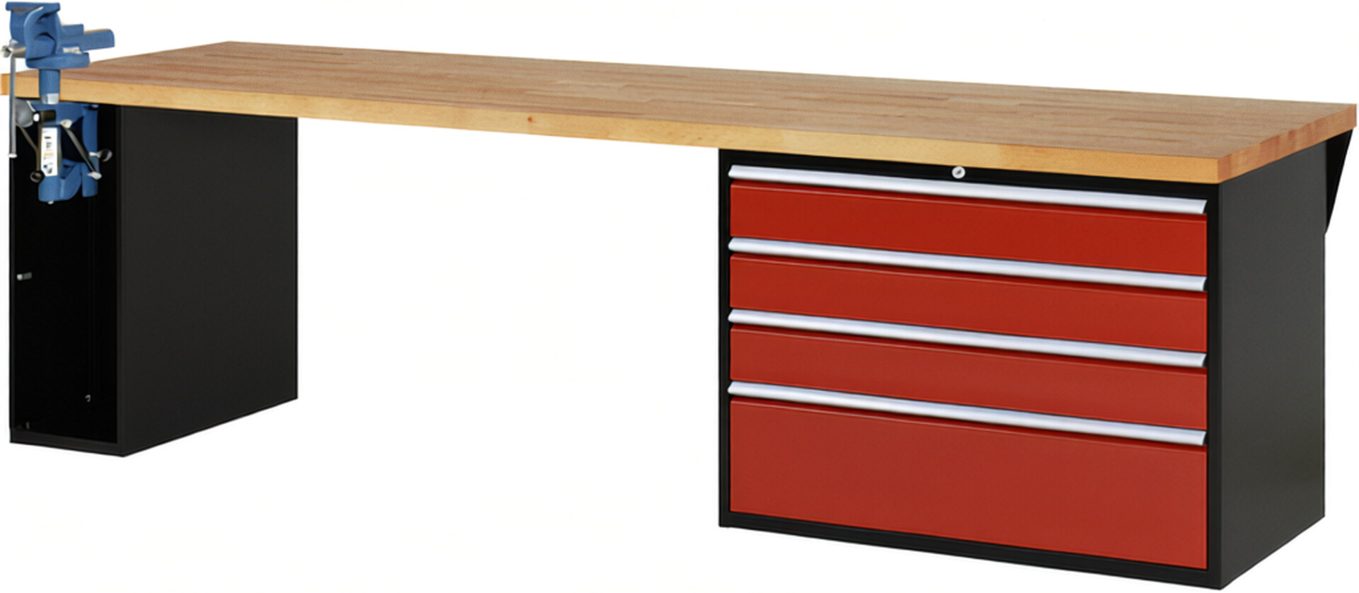 RAU Werkbank schwarz - rot - Breite 300 cm - Tiefe 90 cm - Höhe 89 cm - Buche-Massiv Arbeitsplatte 40 mm