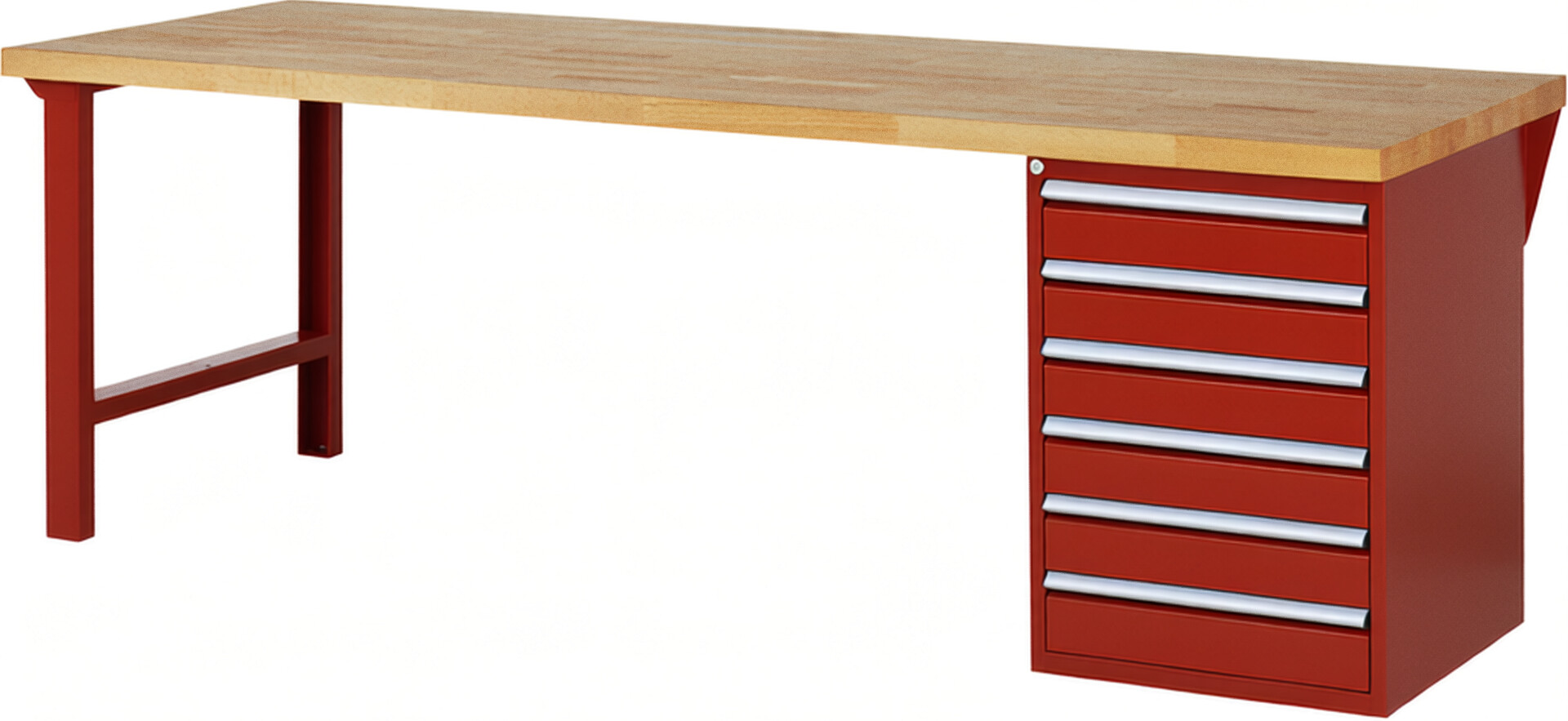 RAU Werkbank rot - Breite 250 cm - Tiefe 90 cm - Höhe 84 cm - Buche-Massiv Arbeitsplatte 40 mm