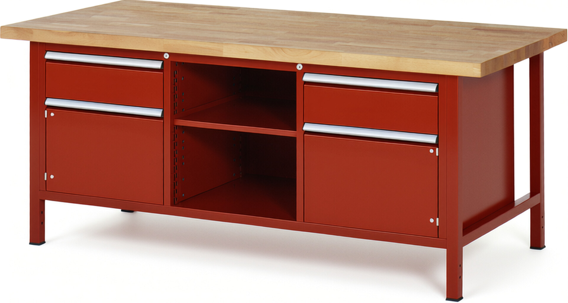 Werkbank Modell 8561 rot, BxTxH 2000x900x840-1040 mm,  Buche-Massiv Arbeitsplatte 40 mm,  2 Schubladen mit  Auszug 90 %