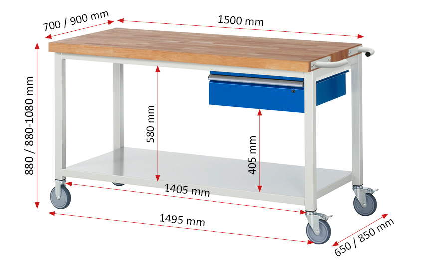Fahrbare Werkbank Modell 8001,  BxTxH 1500x900x880-1080 mm,  Buche-Massiv Arbeitsplatte 40 mm,  1 Schublade mit  Auszug 90 %
