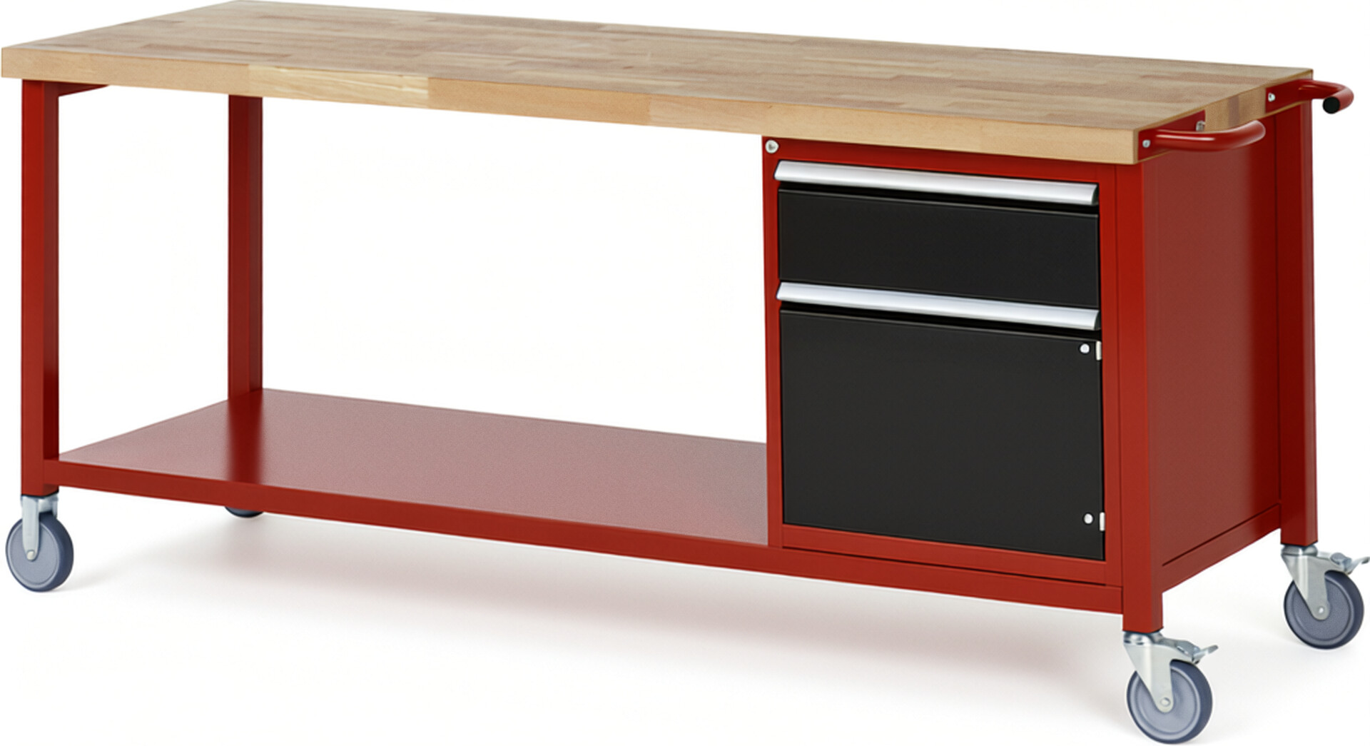 Fahrbare Werkbank Modell 8152 rot - schwarz, BxTxH 2000x700x880-1080 mm,  Buche-Massiv Arbeitsplatte 40 mm,  1 Schublade mit  Vollauszug 100 % und  SoftClosing