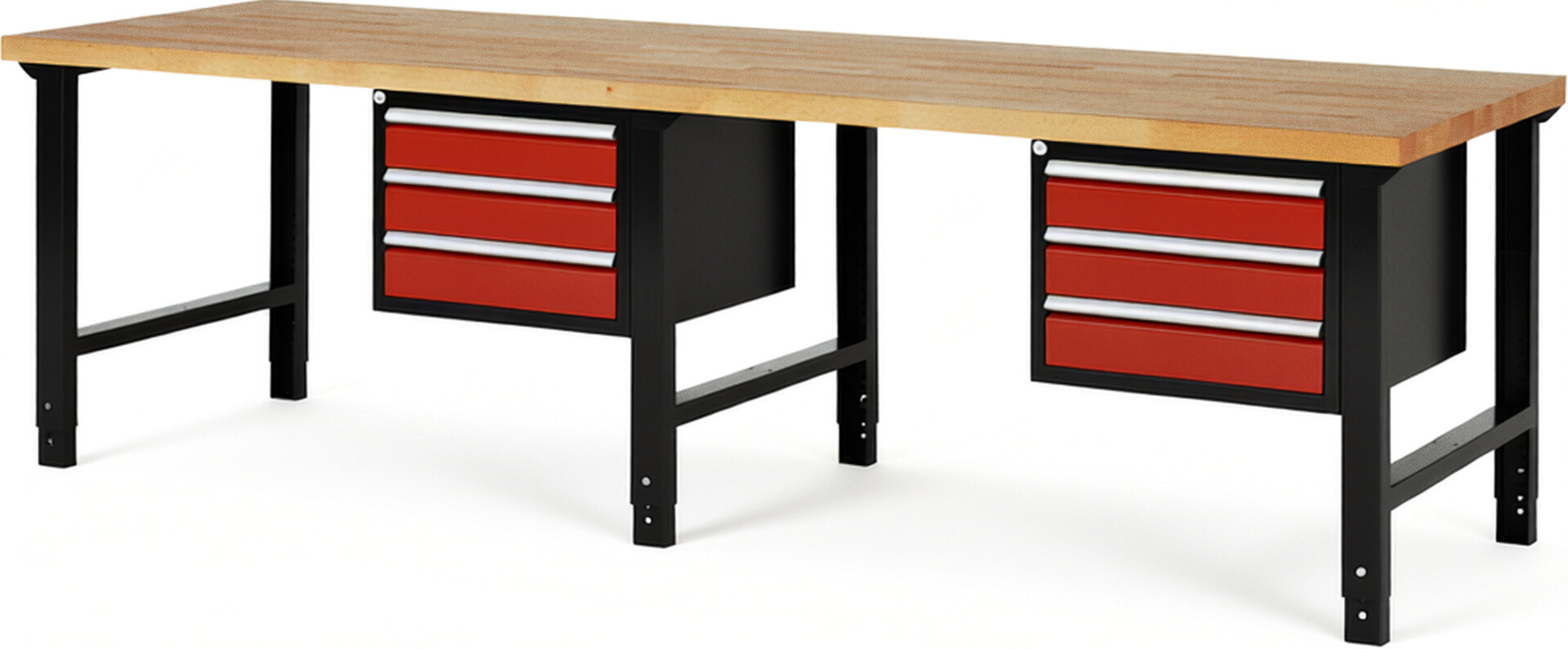 RAU Werkbank schwarz - rot - Breite 300 cm - Tiefe 90 cm - Höhe 114 cm - Buche-Massiv Arbeitsplatte 40 mm