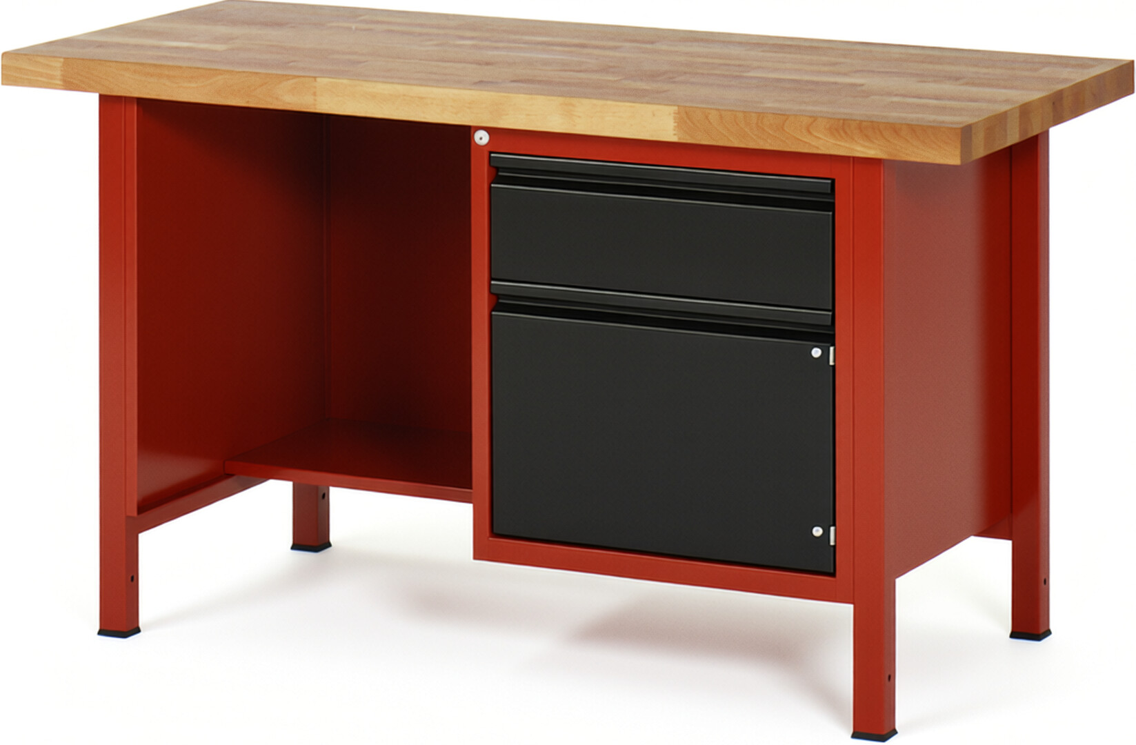Werkbank - Modell 8455 BASIC rot - schwarz, BxTxH 1500x700x840 mm,  Buche-Massiv Arbeitsplatte 40 mm,  1 Schublade mit  Auszug 90 %