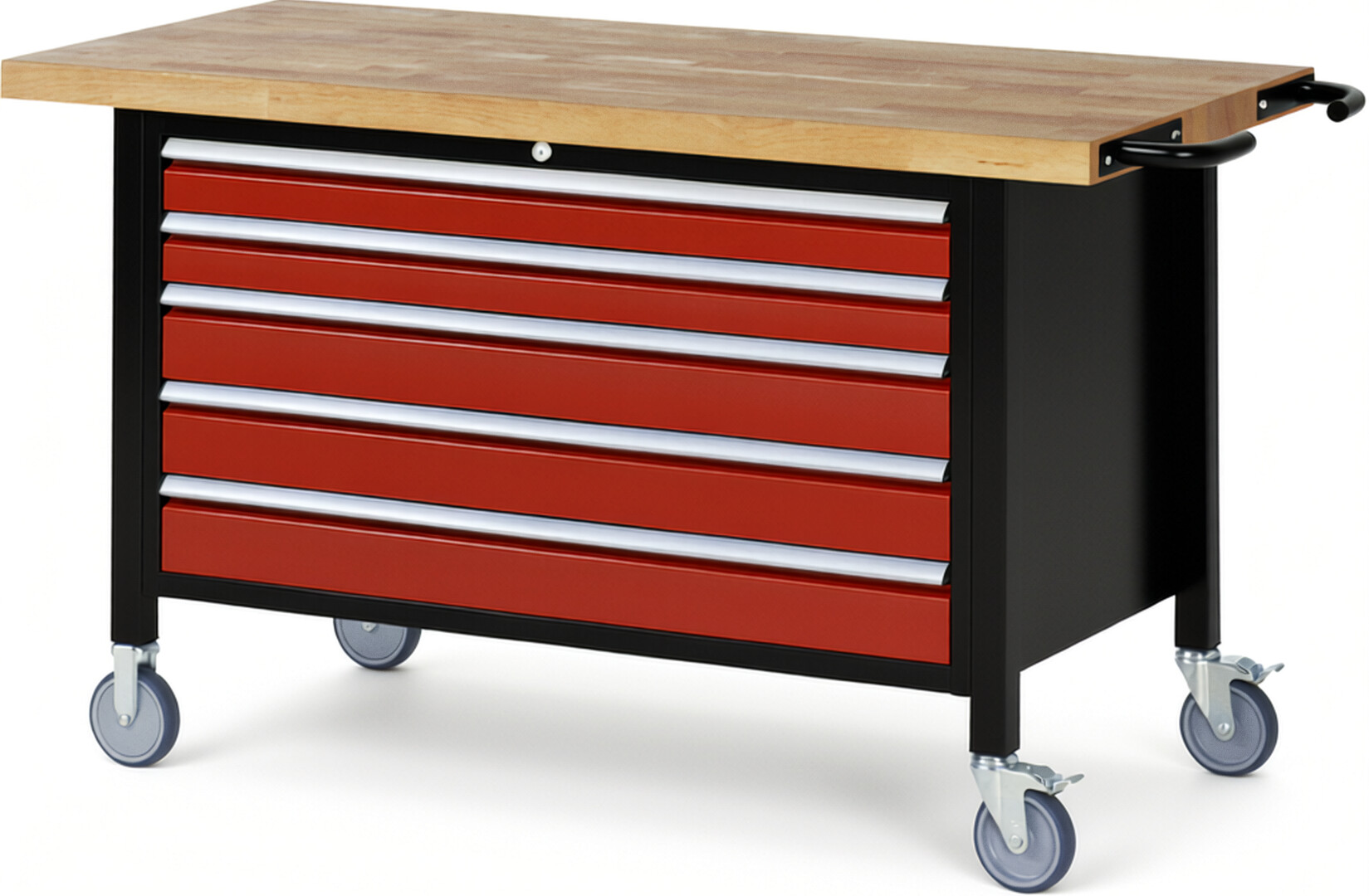 RAU Werkbank schwarz - rot - Breite 150 cm - Tiefe 70 cm - Höhe 108 cm - Buche-Massiv Arbeitsplatte 40 mm