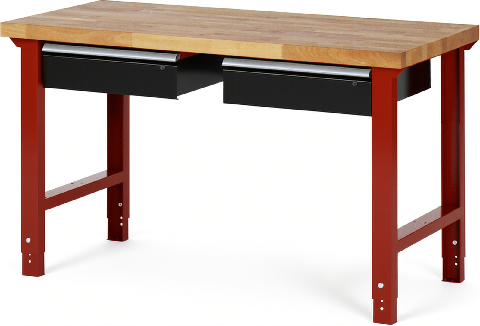 Werkbank Modell 7002 rot - schwarz, BxTxH 1500x700x790-1140 mm,  Buche-Massiv Arbeitsplatte 40 mm,  2 Schubladen mit  Auszug 90 %