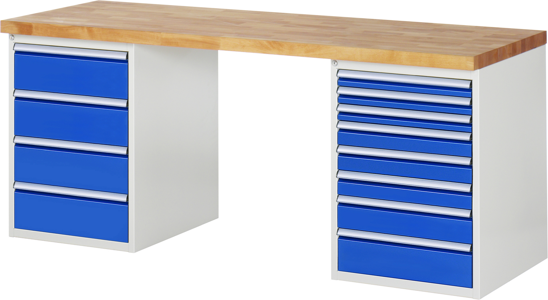 Werkbank Modell 7822 rot - schwarz, BxTxH 2000x700x840 mm,  Buche-Massiv Arbeitsplatte 40 mm,  12 Schubladen mit  Auszug 90 %