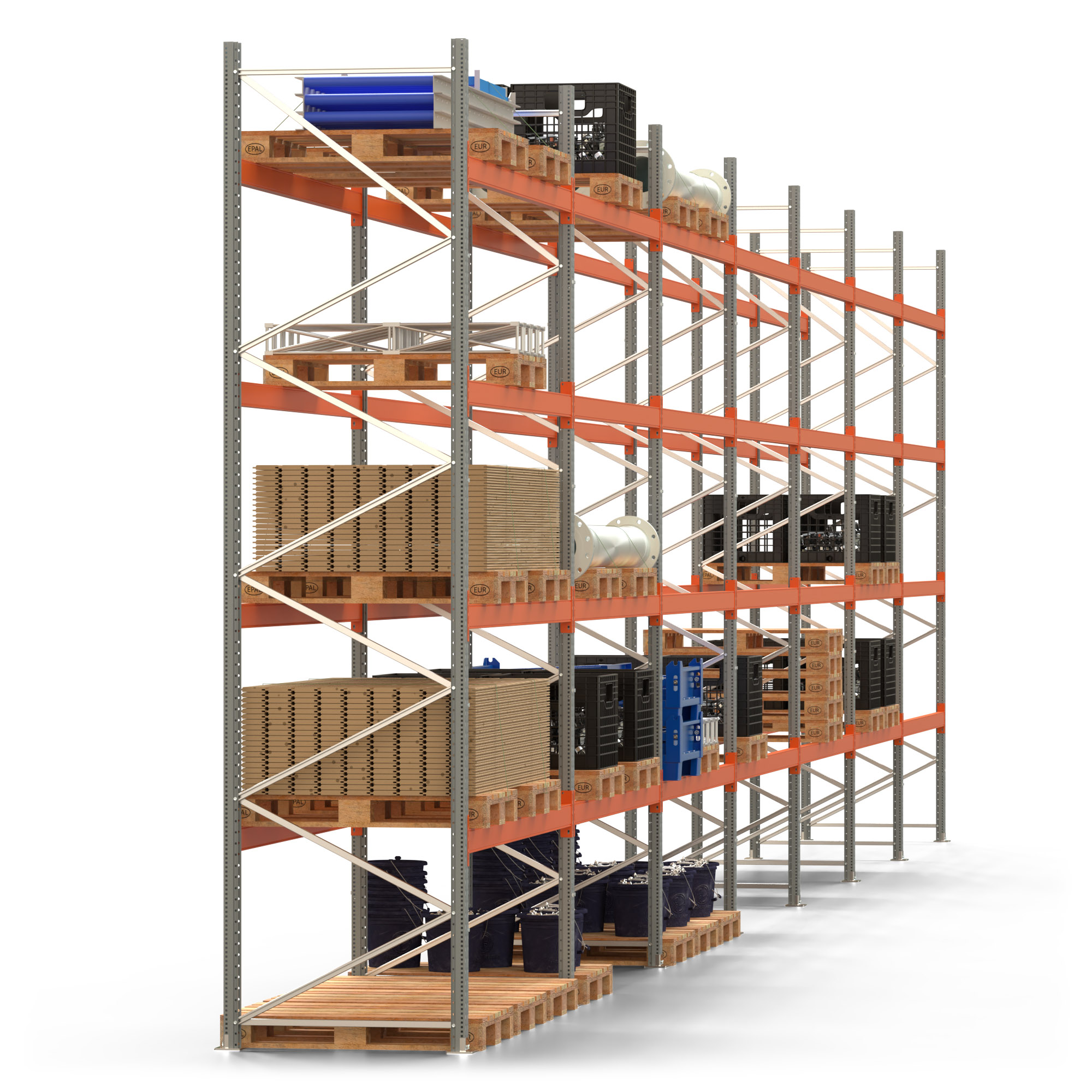 Palettenregal ARTUS - Breite 1958 cm - Höhe 450 cm - Tiefe 110 cm - 4 Träger-Ebenen - Fachlast 2000 kg - 105 Palettenstellplätze