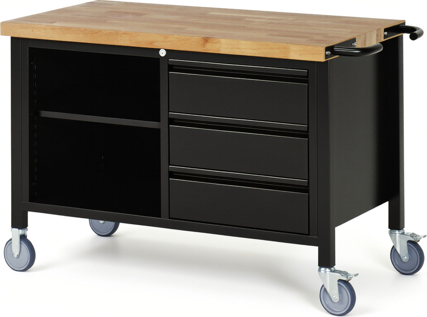 Fahrbare Werkbank - Modell 8462 BASIC schwarz, BxTxH 1250x700x880 mm,  Buche-Massiv Arbeitsplatte 40 mm,  3 Schubladen mit  Auszug 90 %