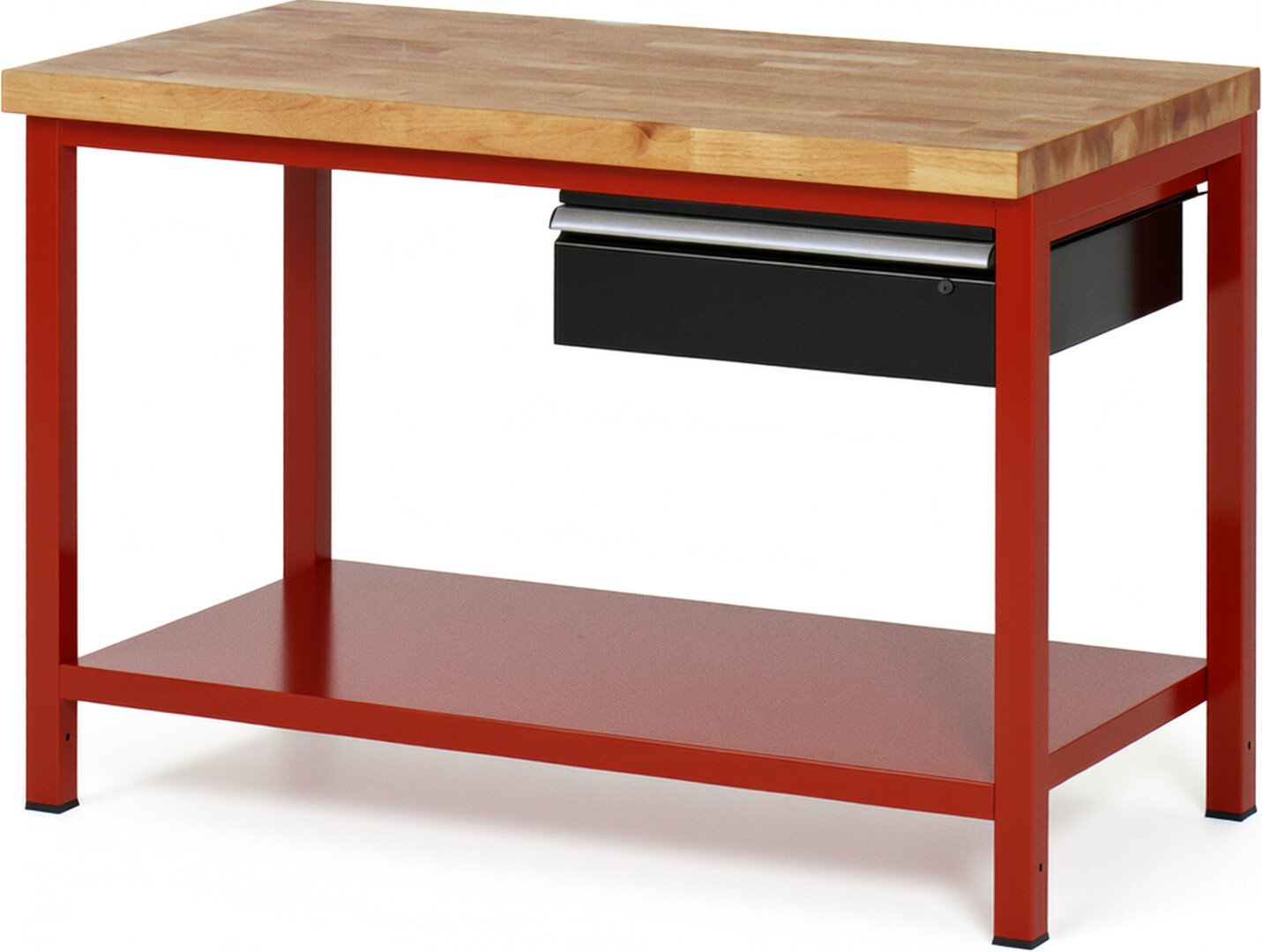 Werkbank Modell 8001 rot - schwarz, BxTxH 1250x700x840 mm,  Buche-Massiv Arbeitsplatte 40 mm,  1 Schublade mit  Auszug 90 %