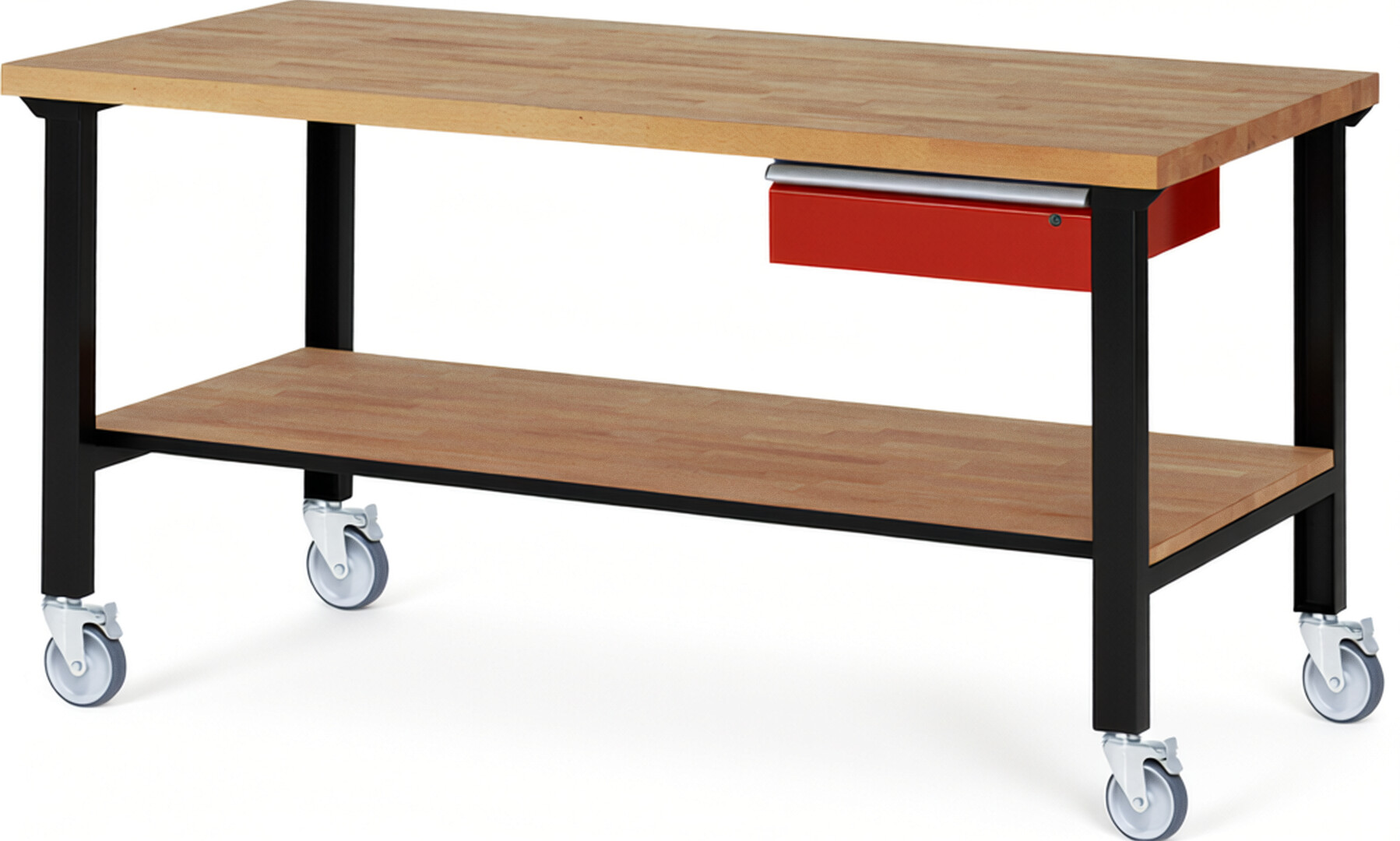 Fahrbare Werkbank Modell 7001 schwarz-rot, BxTxH 2000x900x1000 mm,  Buche-Massiv Arbeitsplatte 40 mm,  1 Schublade mit  Auszug 90 %