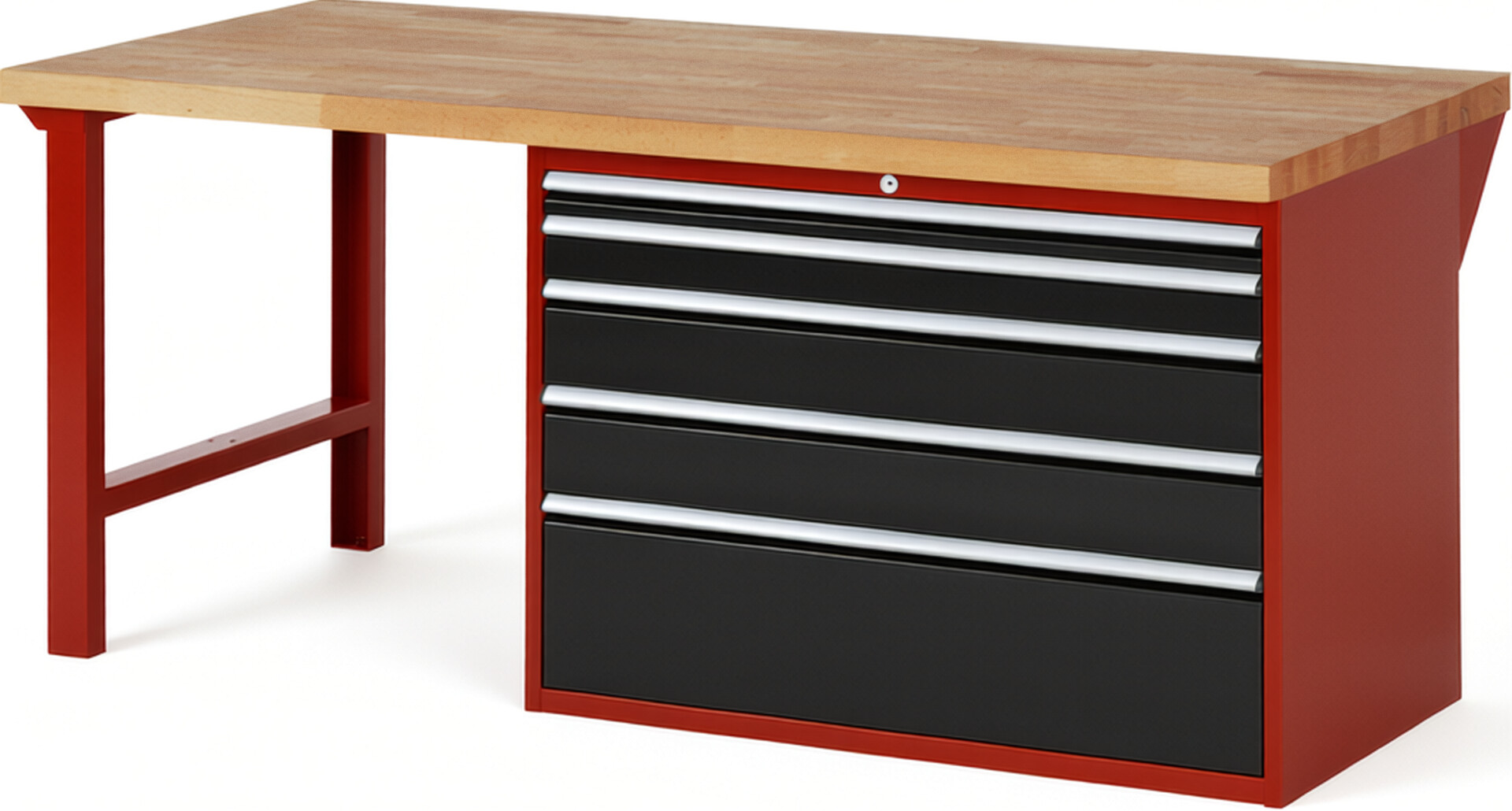 Werkbank Modell 7711 rot - schwarz, BxTxH 2000x900x840 mm,  Buche-Massiv Arbeitsplatte 40 mm,  5 Schubladen mit  Auszug 90 %