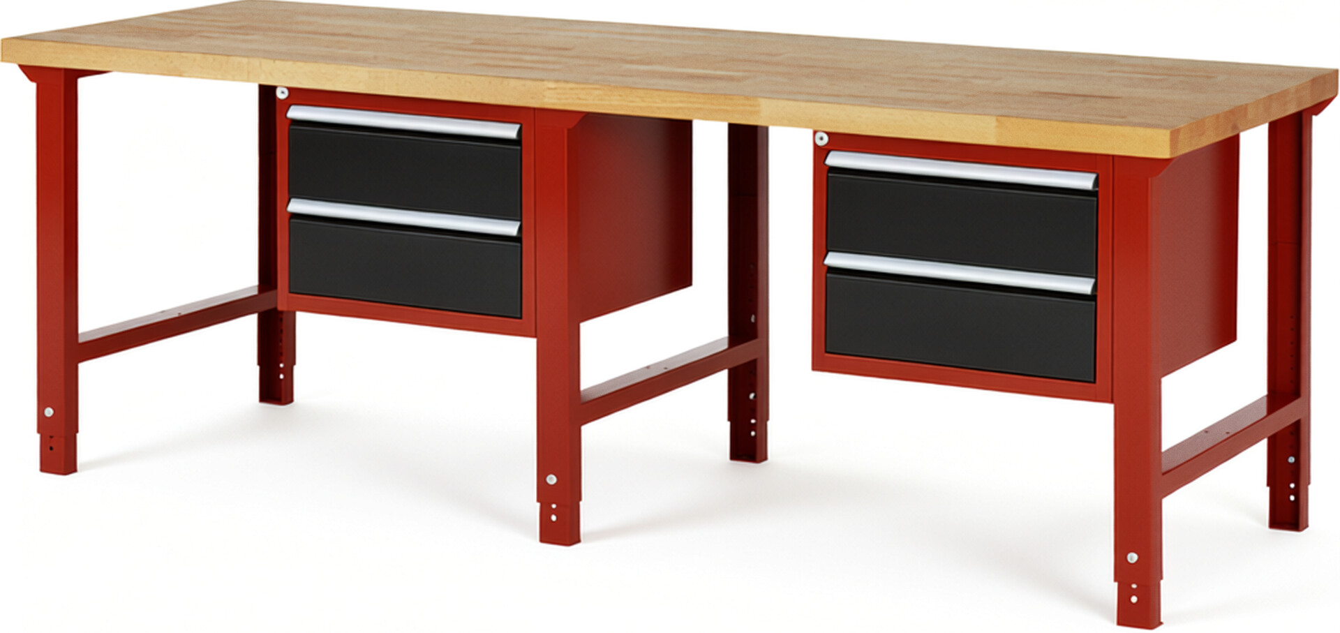 RAU Werkbank rot - schwarz - Breite 250 cm - Tiefe 90 cm - Höhe 114 cm - Buche-Massiv Arbeitsplatte 40 mm