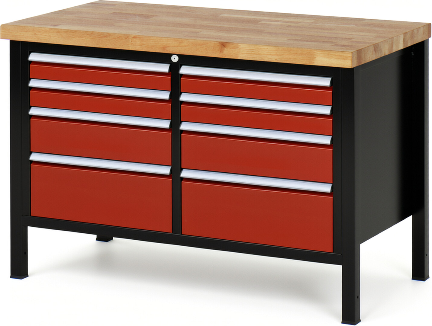 RAU Werkbank schwarz - rot - Breite 125 cm - Tiefe 70 cm - Höhe 104 cm - Buche-Massiv Arbeitsplatte 40 mm