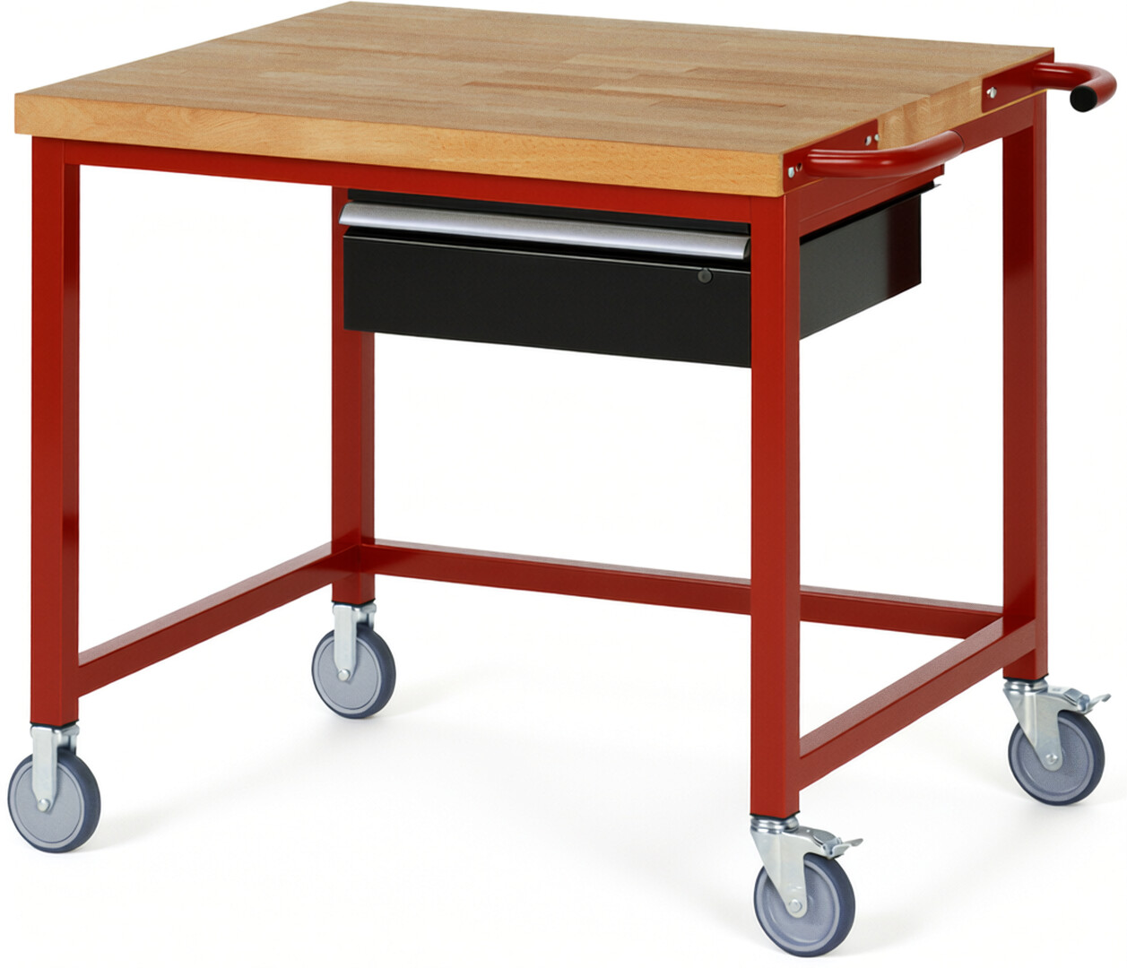 Fahrbare Werkbank Modell 8001 rot - schwarz, BxTxH 1000x900x880-1080 mm,  Buche-Massiv Arbeitsplatte 40 mm,  1 Schublade mit  Auszug 90 %