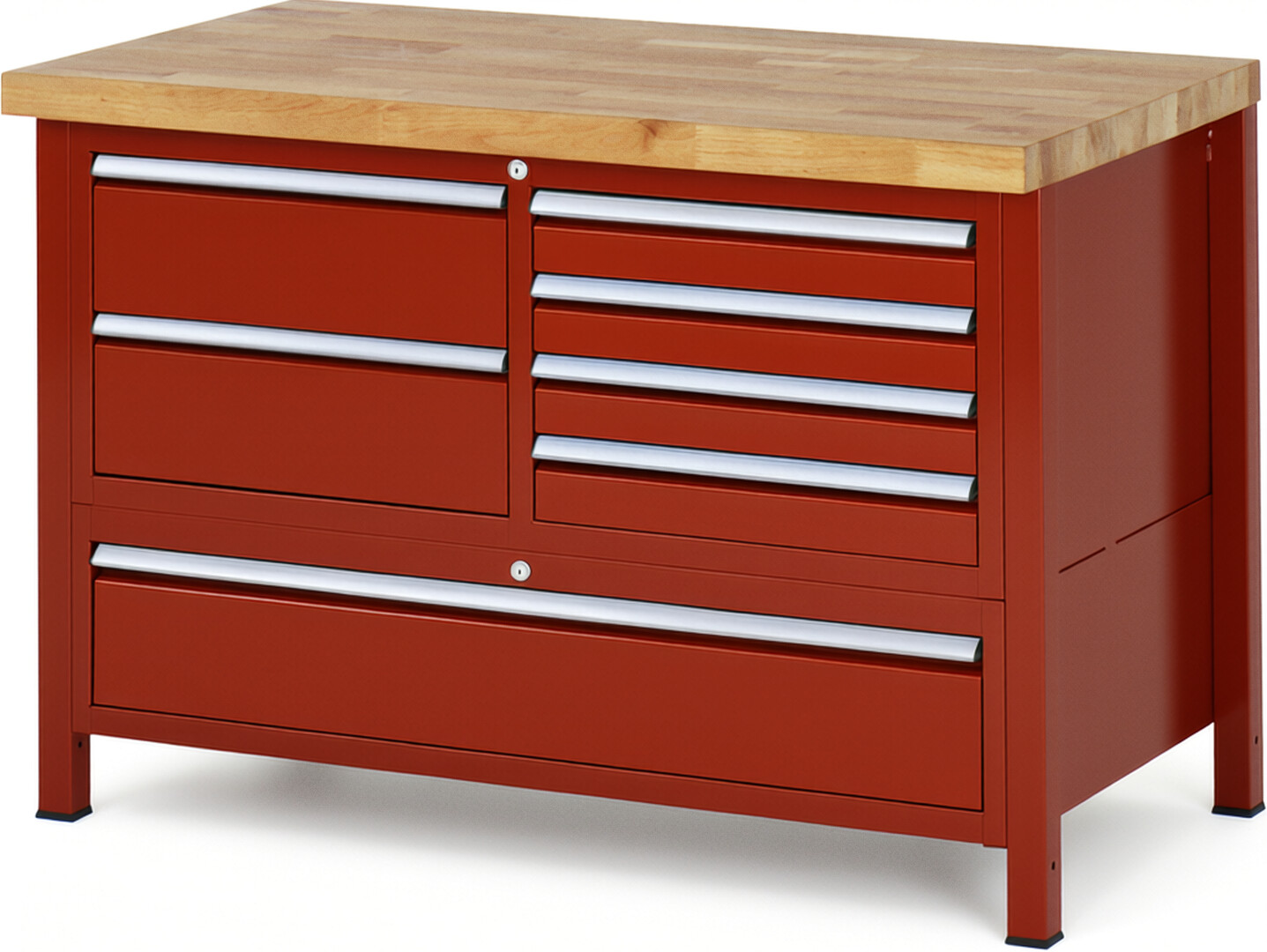 Werkbank Modell 8931 rot, BxTxH 1250x700x840 mm,  Buche-Massiv Arbeitsplatte 40 mm,  7 Schubladen mit  Vollauszug 100 % und  SoftClosing
