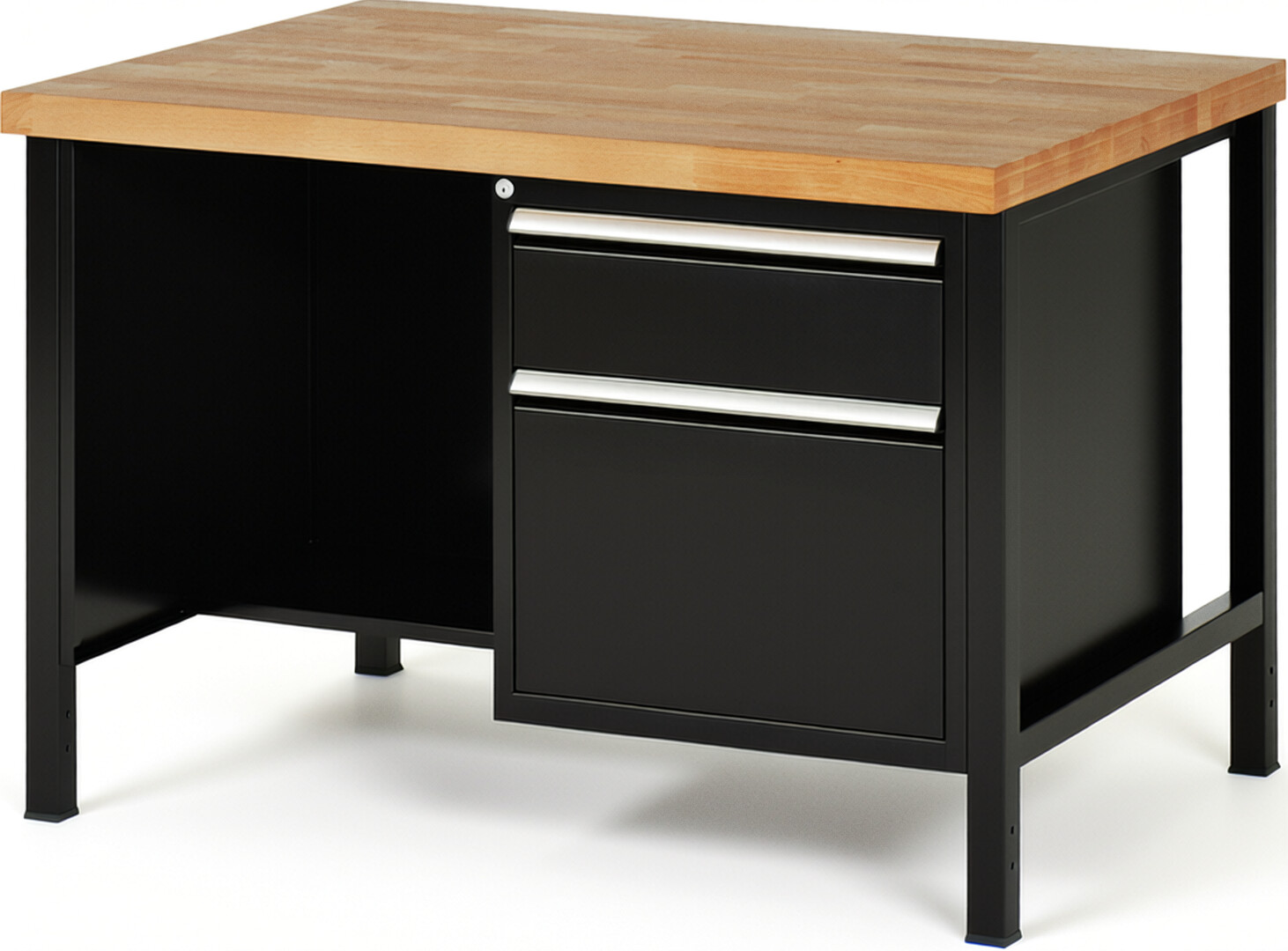 RAU Werkbank schwarz - Breite 125 cm - Tiefe 90 cm - Höhe 84 cm - Buche-Massiv Arbeitsplatte 40 mm