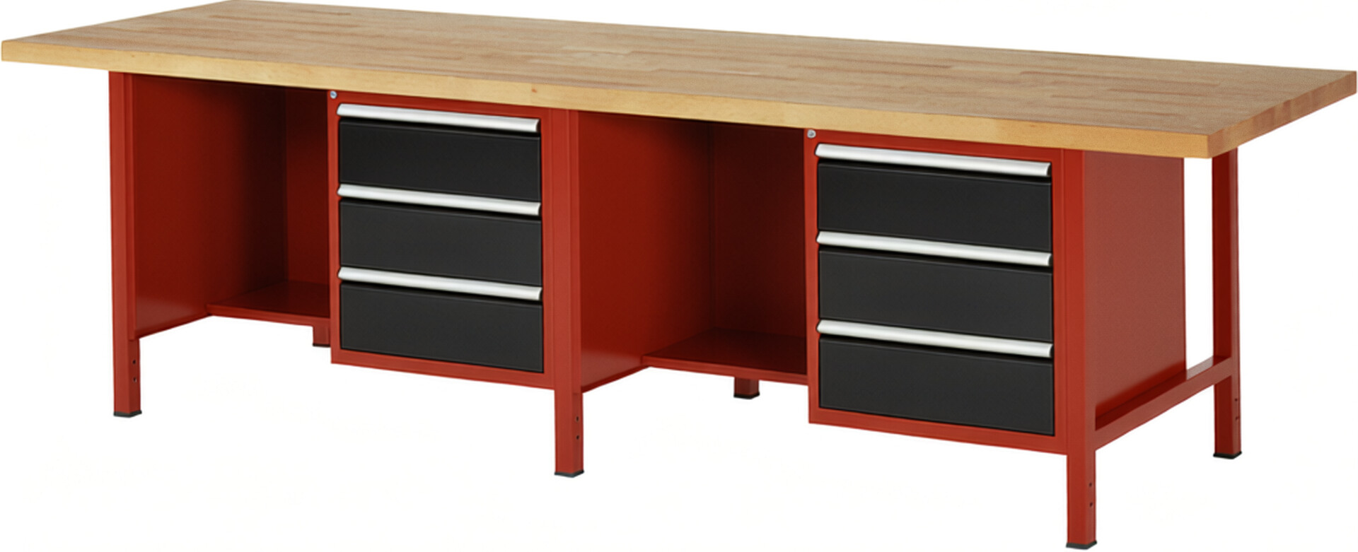 Werkbank Modell 8452 rot - schwarz, BxTxH 3000x900x840-1040 mm,  Buche-Massiv Arbeitsplatte 40 mm,  6 Schubladen mit  Auszug 90 %