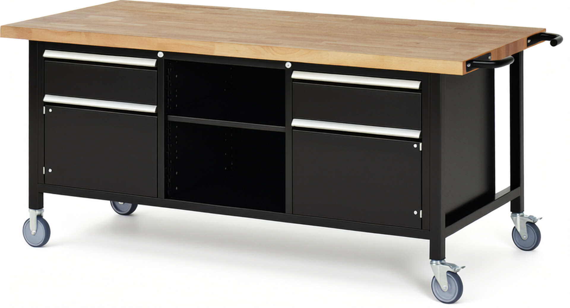 RAU Werkbank schwarz - Breite 200 cm - Tiefe 90 cm - Höhe 108 cm - Buche-Massiv Arbeitsplatte 40 mm