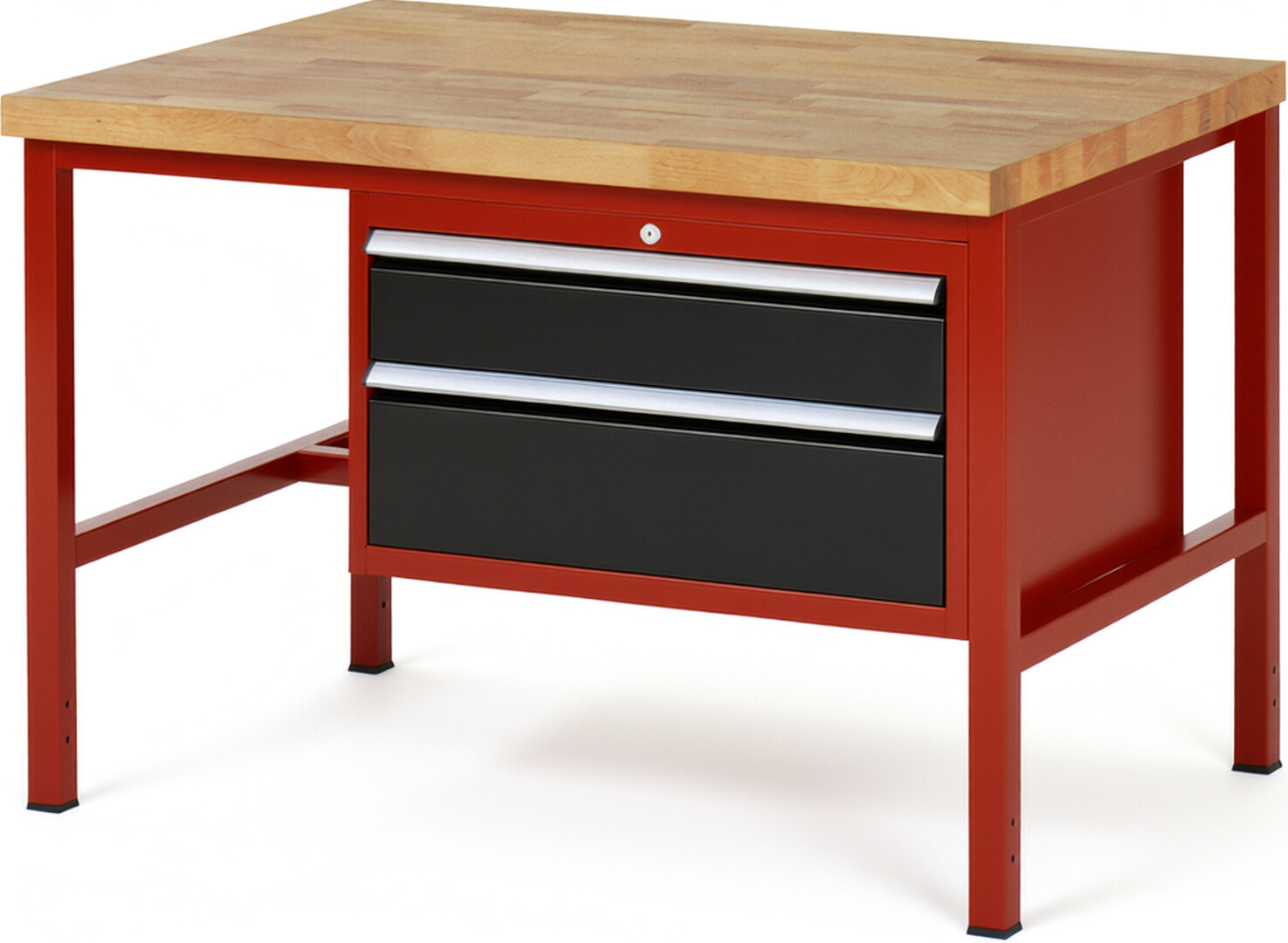 Werkbank Modell 8223 rot - schwarz, BxTxH 1250x900x840-1040 mm,  Buche-Massiv Arbeitsplatte 40 mm,  2 Schubladen mit  Auszug 90 %