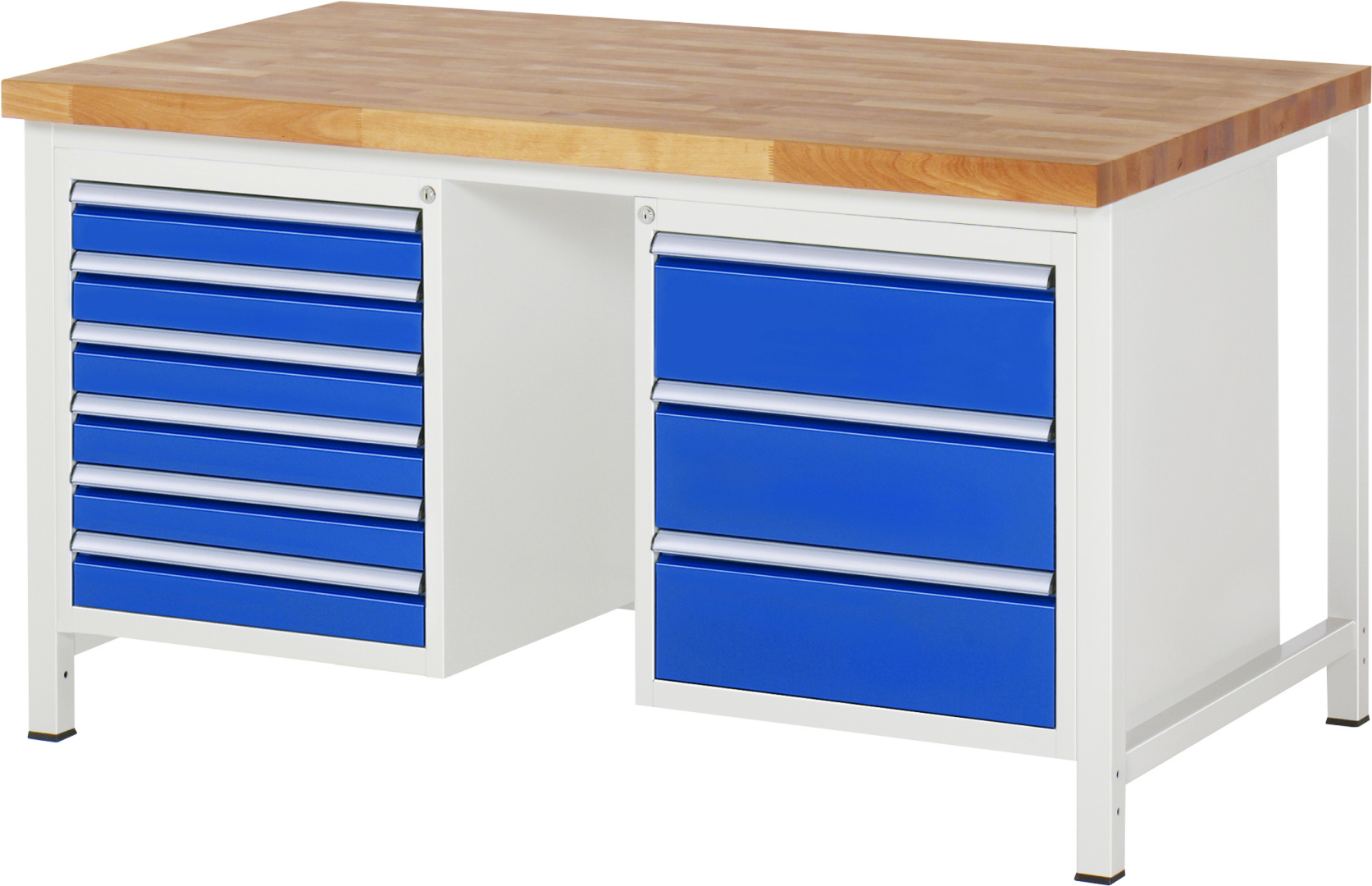 Werkbank Modell 8183,  BxTxH 1500x900x840 mm,  Buche-Massiv Arbeitsplatte 40 mm,  9 Schubladen mit  Vollauszug 100 % und  SoftClosing