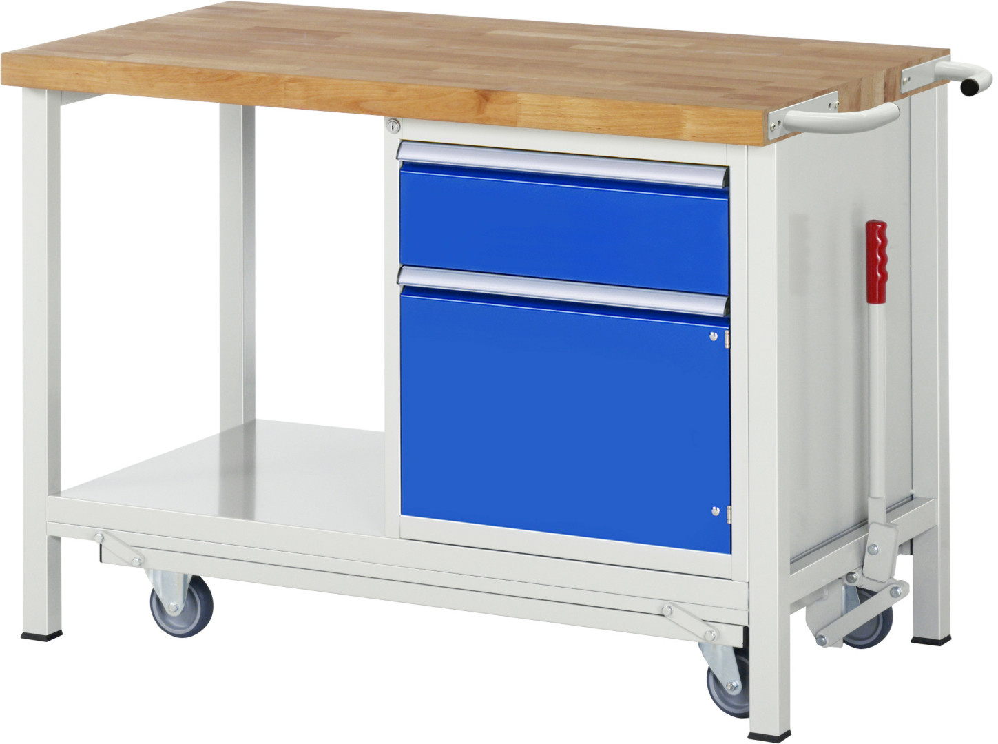 Absenkbare Werkbank Modell 8152 rot - schwarz, BxTxH 1250x700x880 mm,  Buche-Massiv Arbeitsplatte 40 mm,  1 Schublade mit  Vollauszug 100 % und  SoftClosing